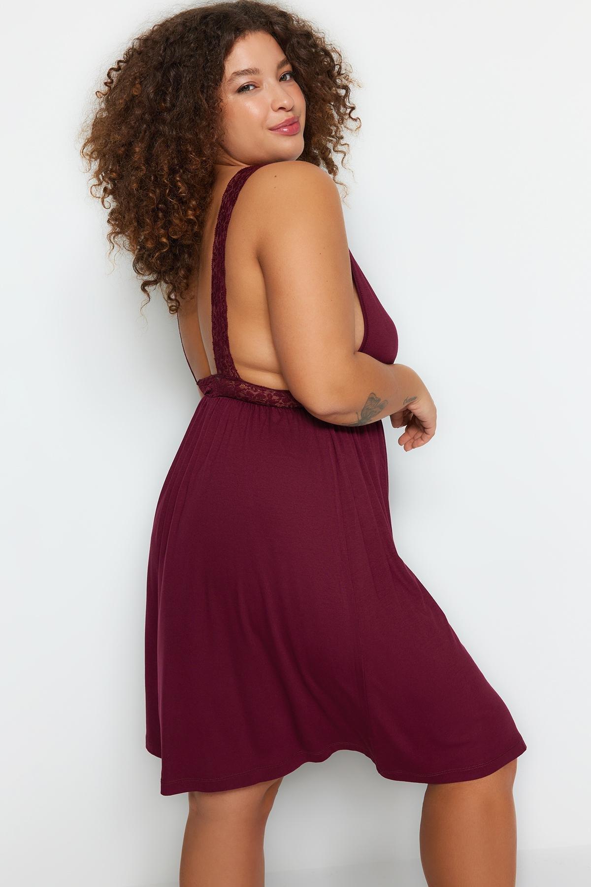 Burgundy Plus Size V Neck Nightgown, Set Of 2, , large image number 5