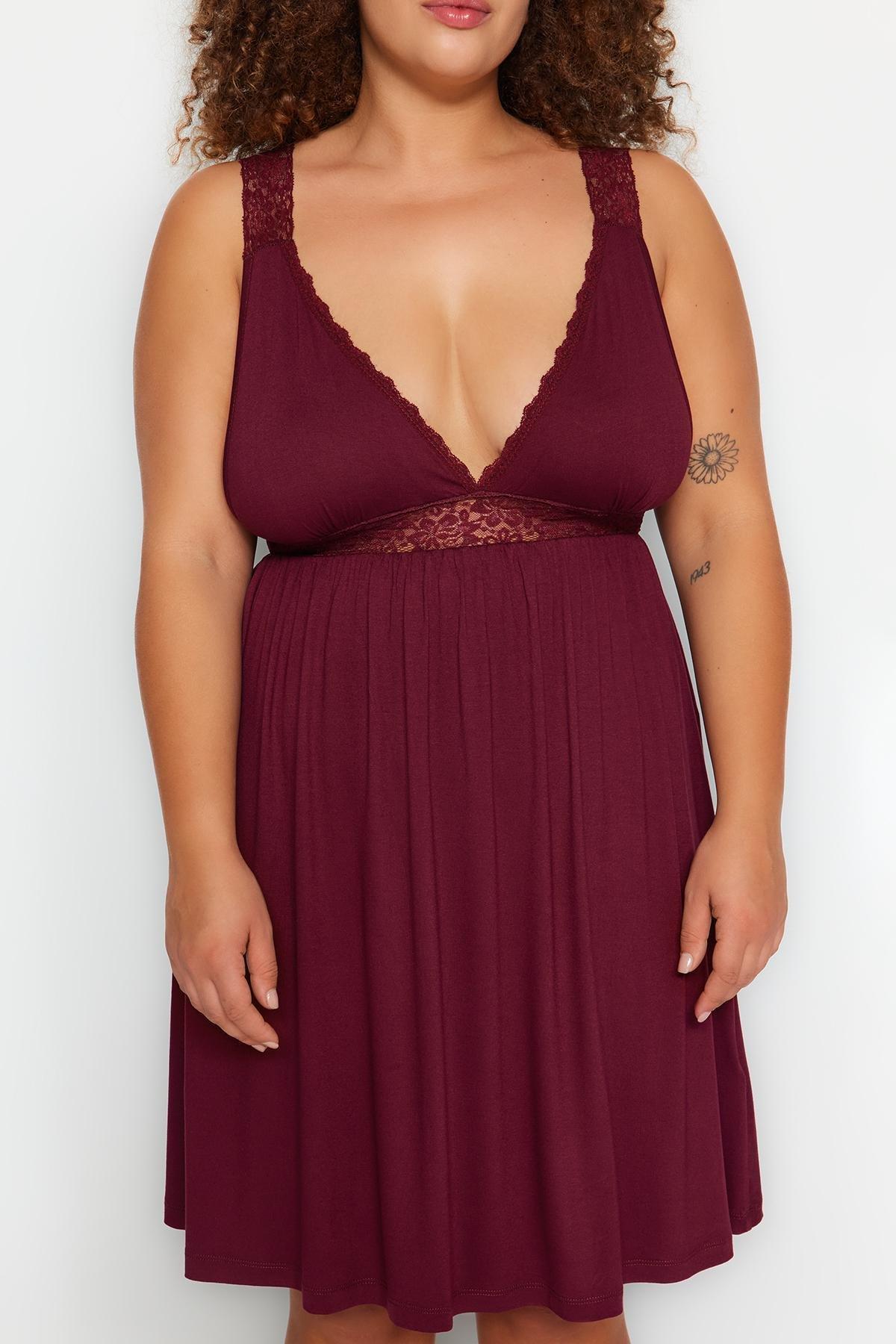 Burgundy Plus Size V Neck Nightgown, Set Of 2, , large image number 7
