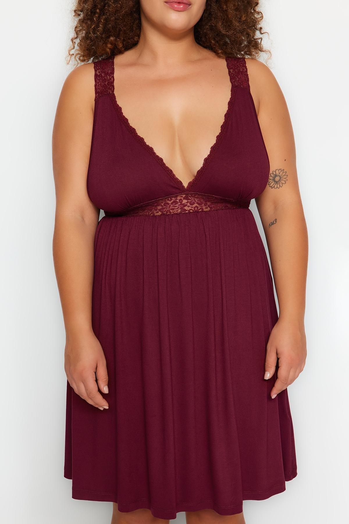 Trendyol - Burgundy Plus Size V Neck Nightgown, Set Of 2