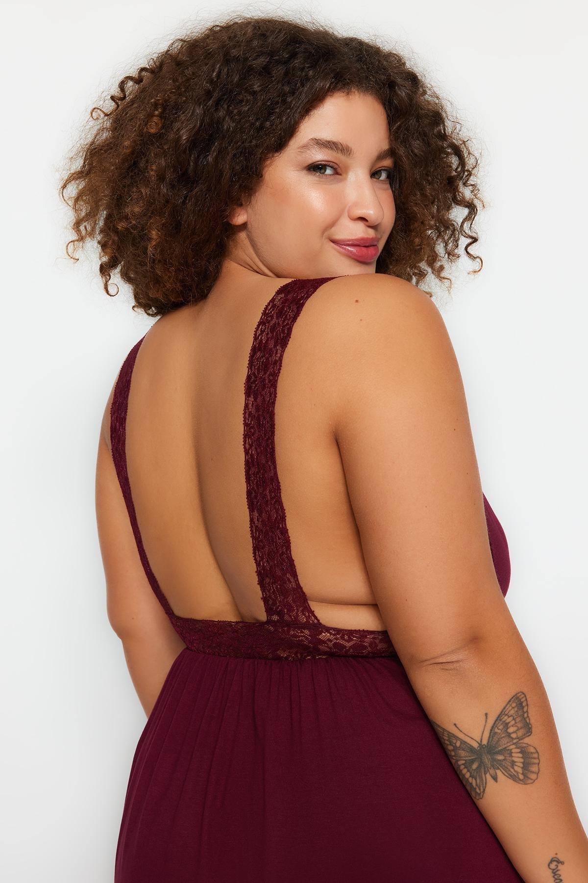 Trendyol - Burgundy Plus Size V Neck Nightgown, Set Of 2