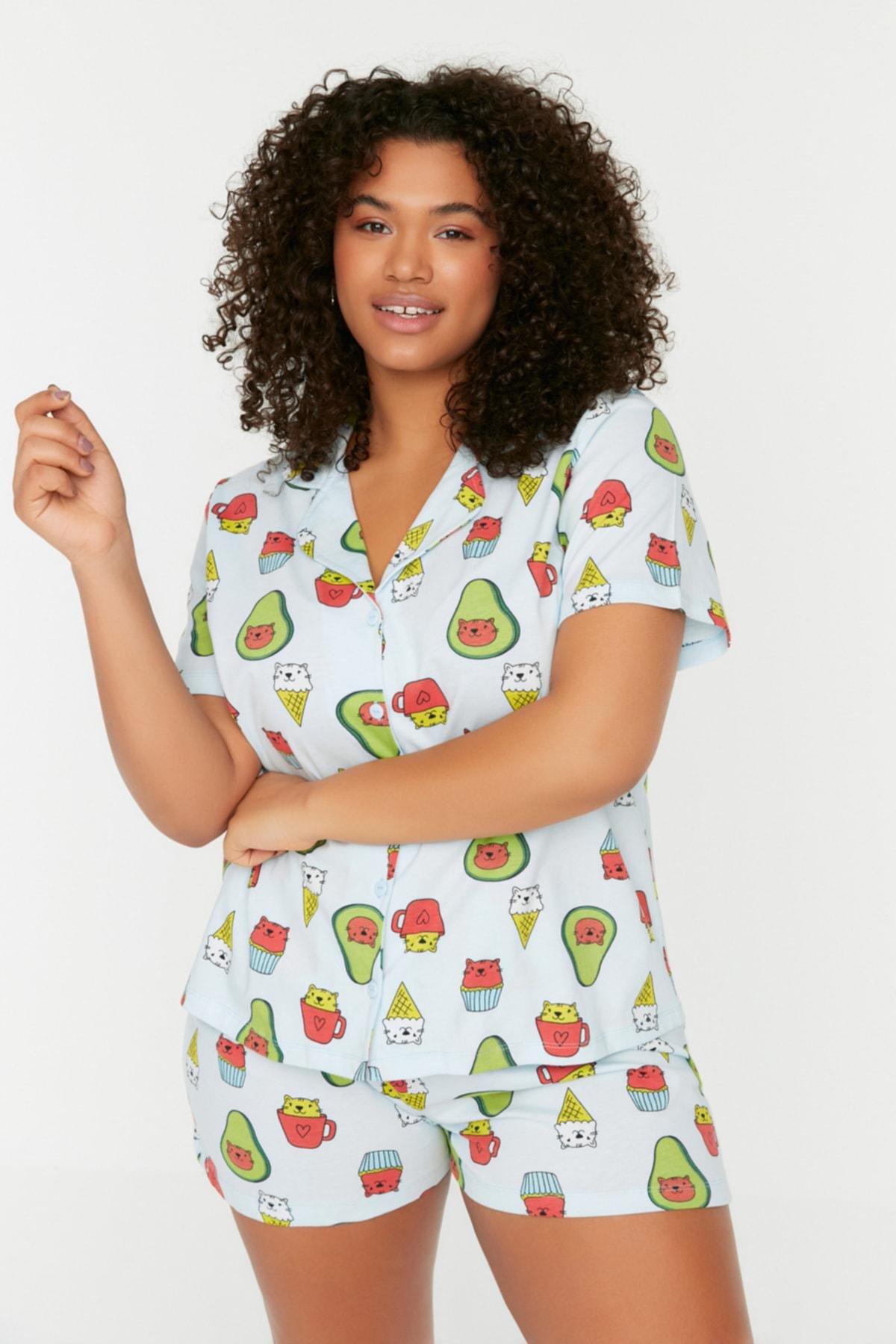 Trendyol - Blue Regular Plus Size Pajama Set