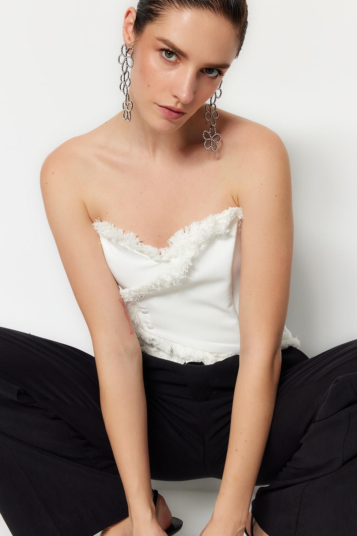 Ecru Fitted Crop Top, , large image number 1