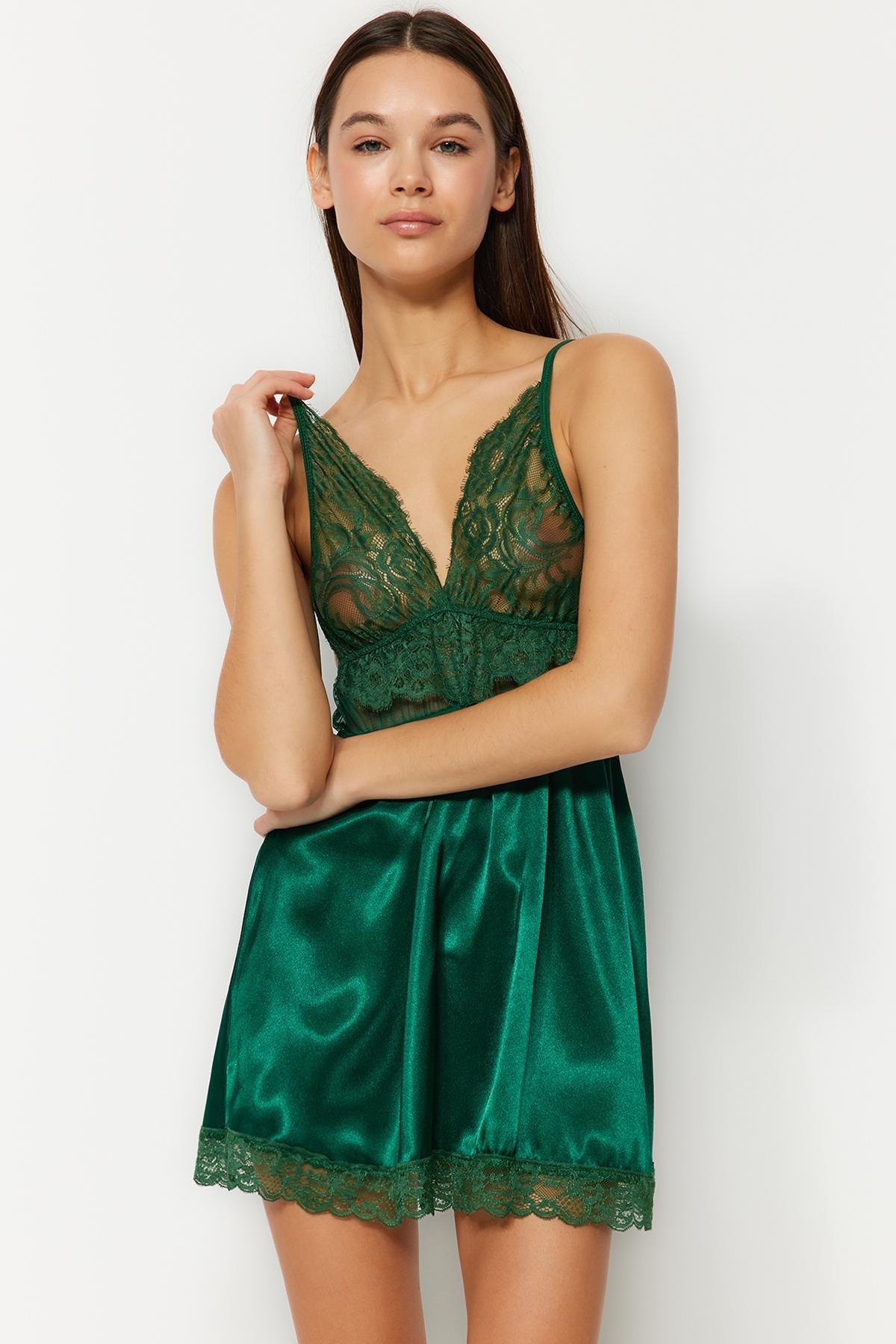 Green Satin Lace Detailed Babydoll Co-Ord Set, , large image number 1