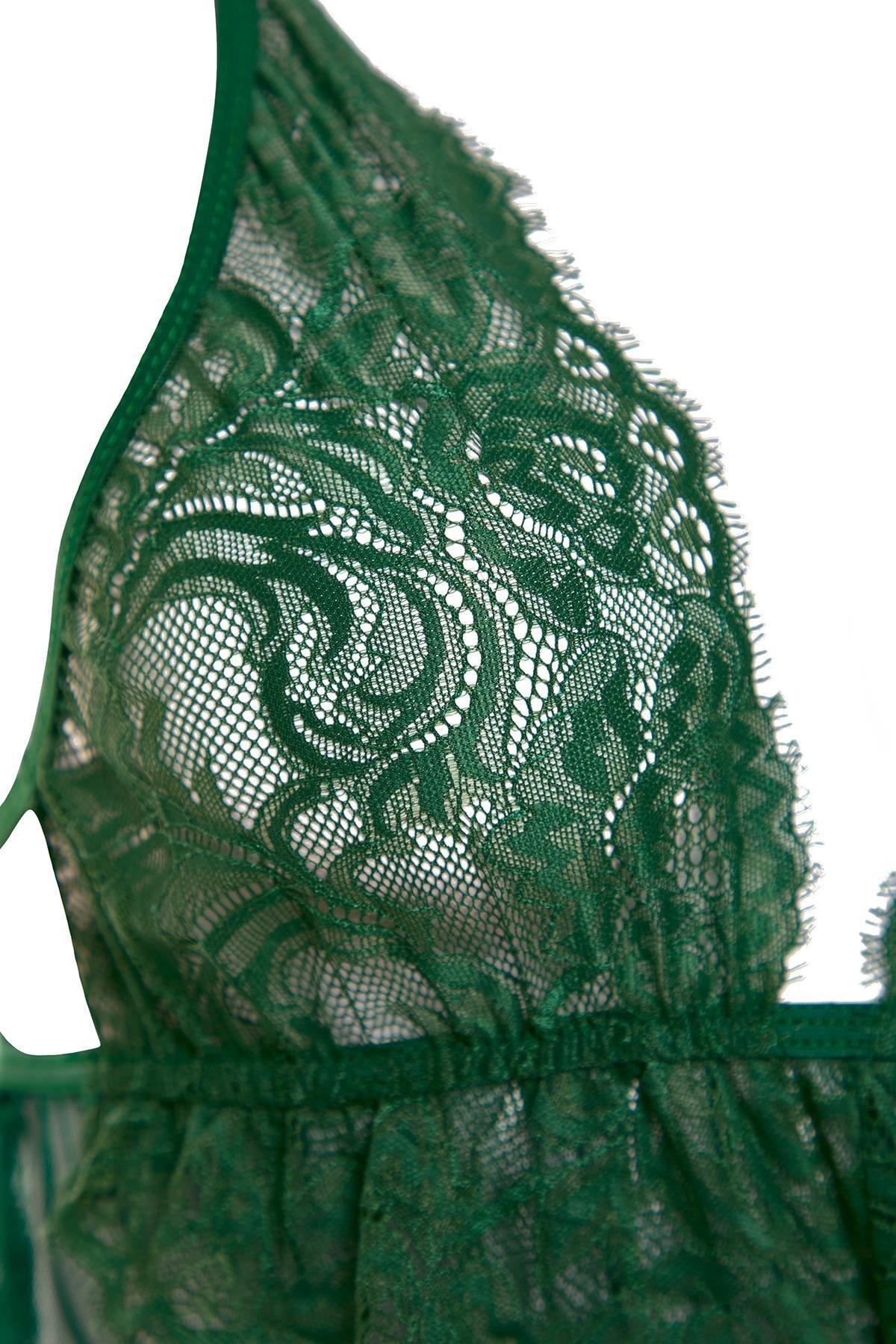 Green Satin Lace Detailed Babydoll Co-Ord Set, , large image number 5