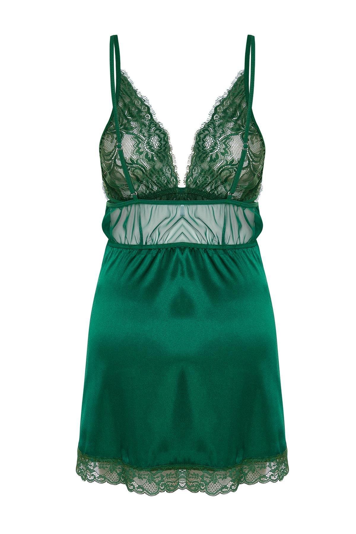 Green Satin Lace Detailed Babydoll Co-Ord Set, , large image number 6