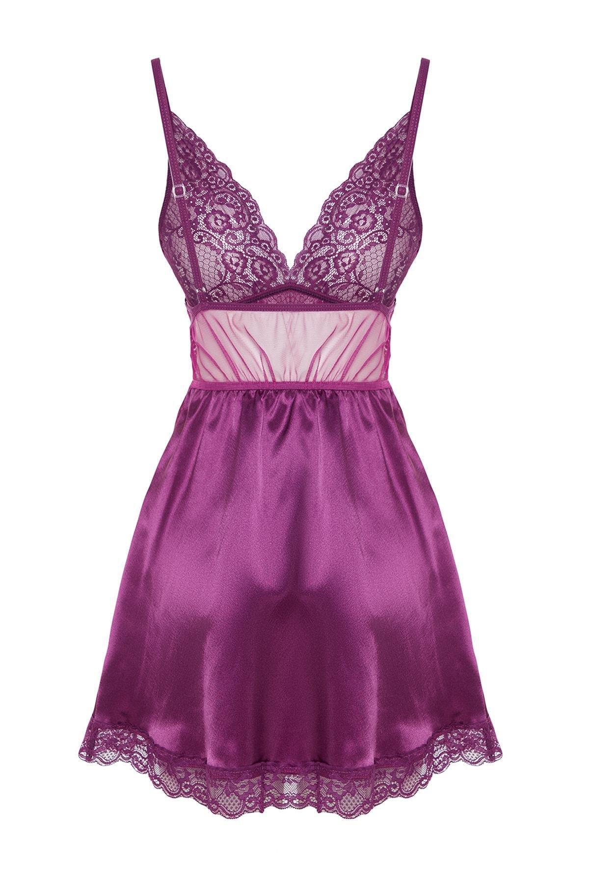 Purple Satin Lace Detailed Babydoll Co-Ord Set, Purple, large image number 6