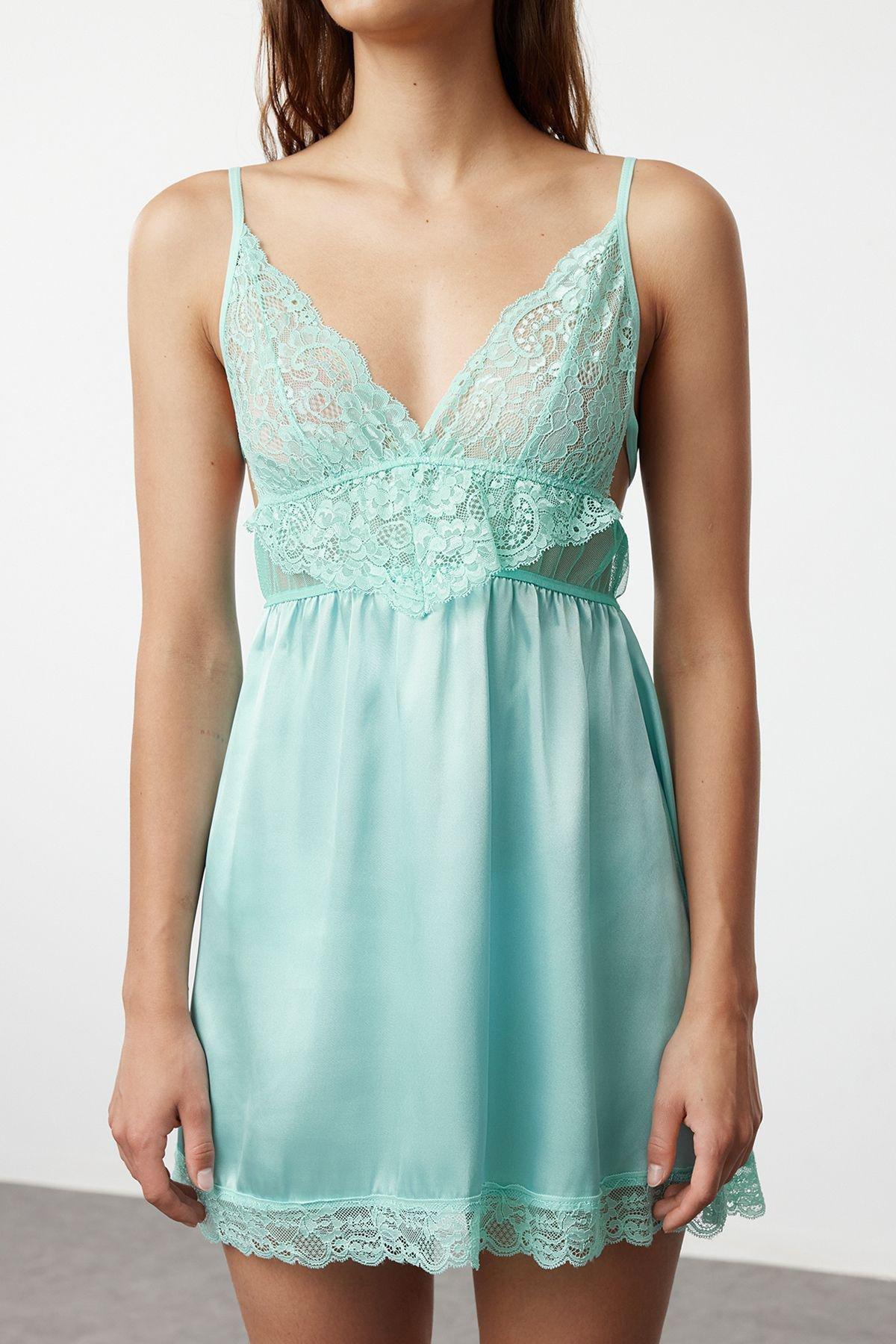 Aqua Green Satin Laced Rope Strap Knitted Babydoll THMSS22LL0001, single, , large image number 3