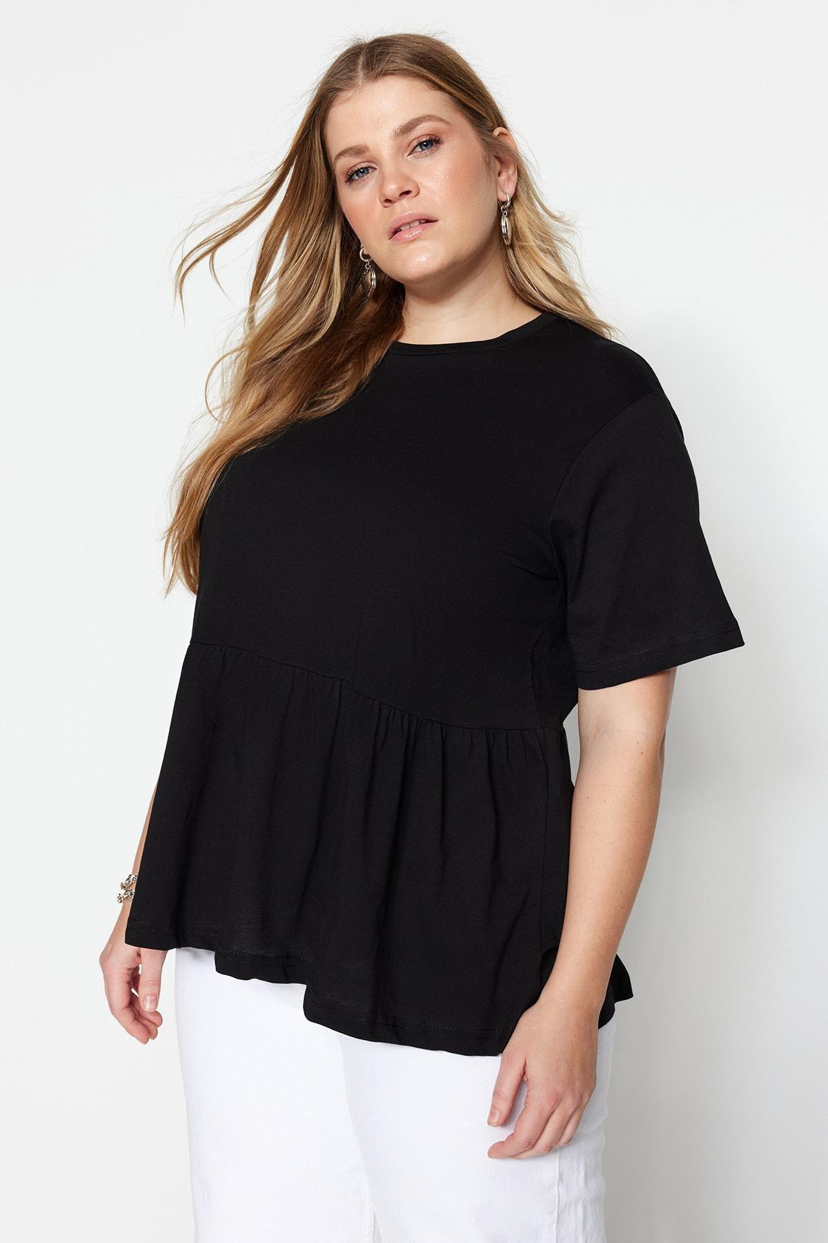 Black Crew Neck Plus Size T-Shirt, , large image number 0