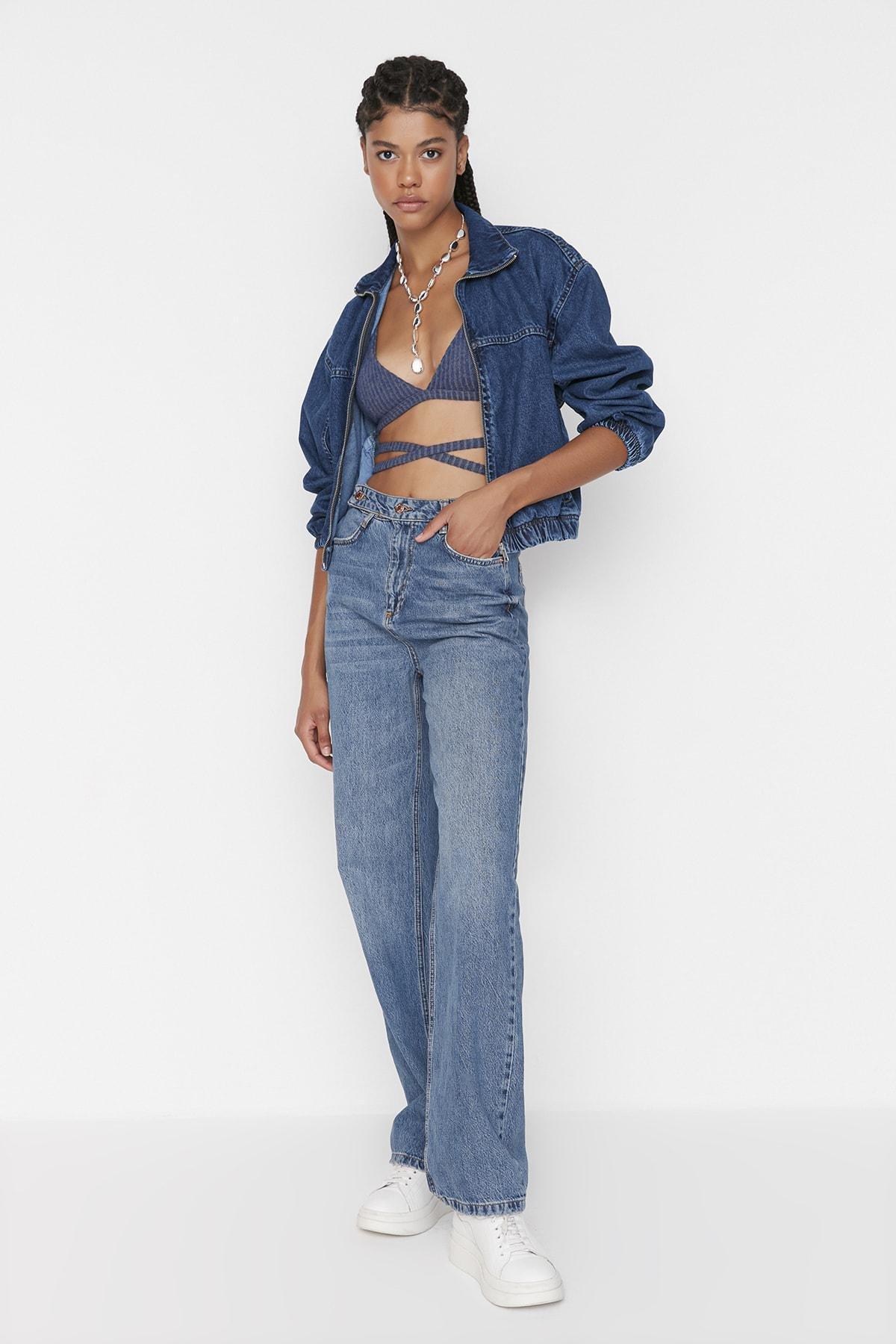 Buy Trendyol Waist Detail High Waist 90's Wide Leg Jeans in Blue