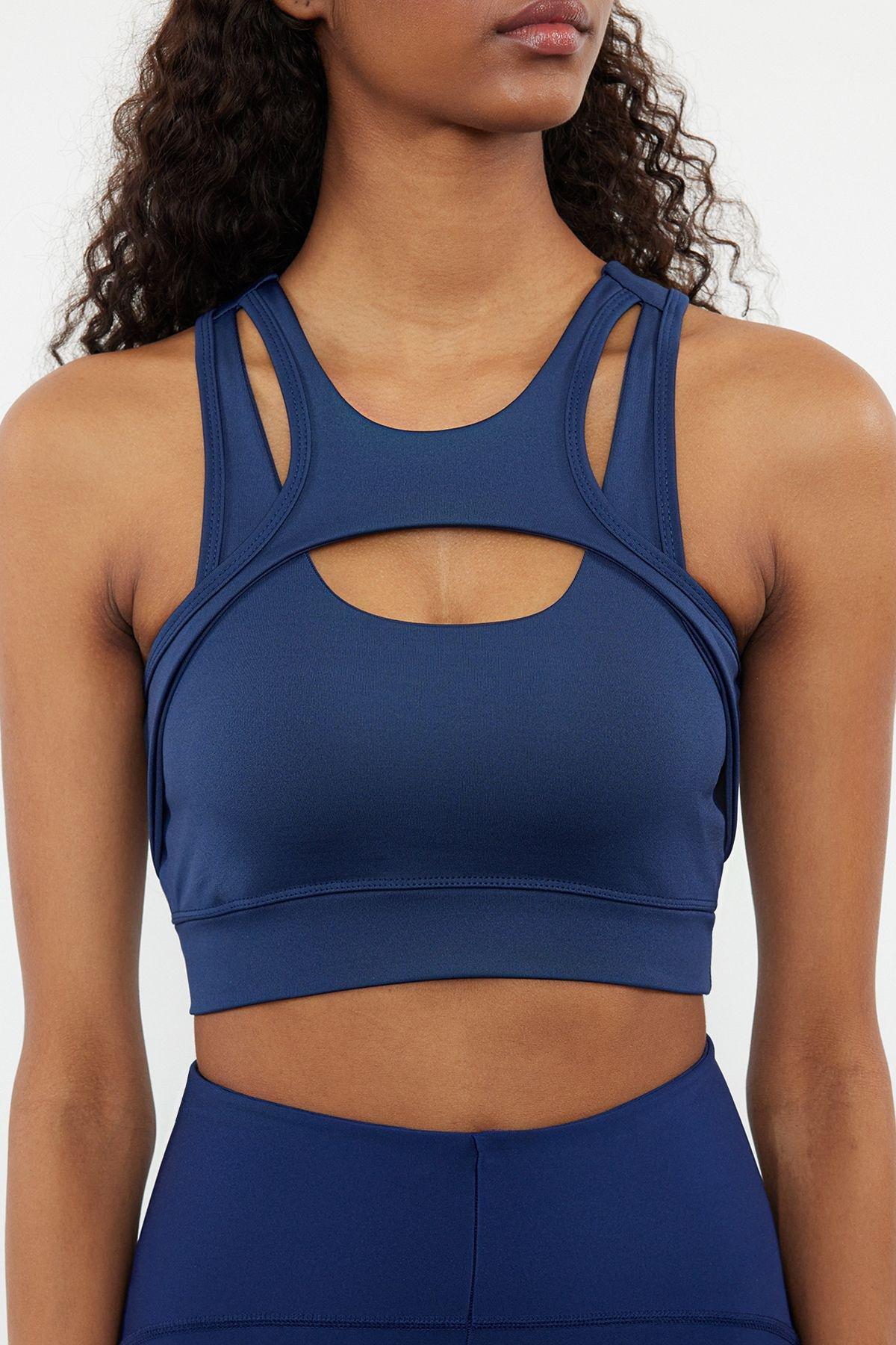 Dark Navy Blue Supported/Shaping Halter Neck Knitted Sports Bra TWOSS22SS0042, single, , large image number 3