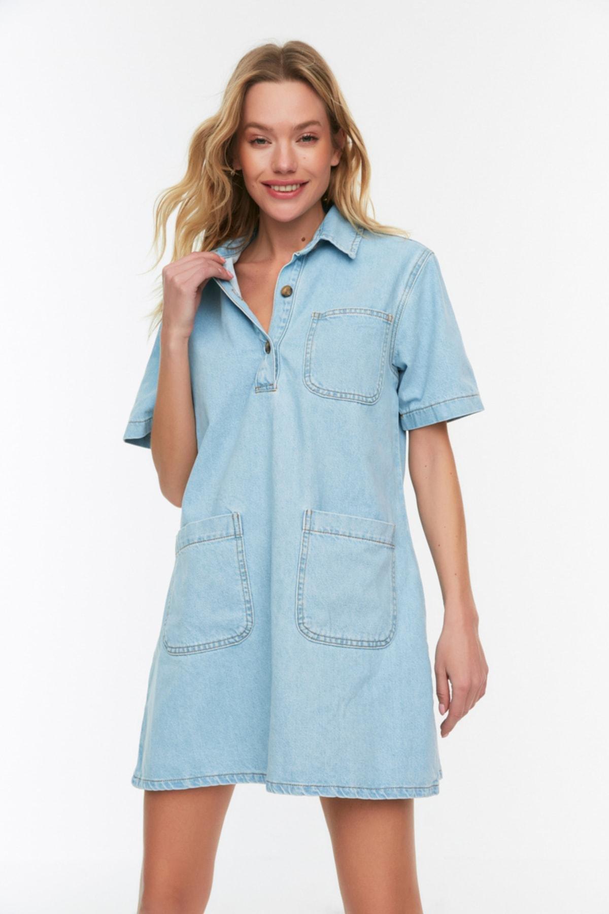 Blue Square Collar Shirt Dress, , large image number 3