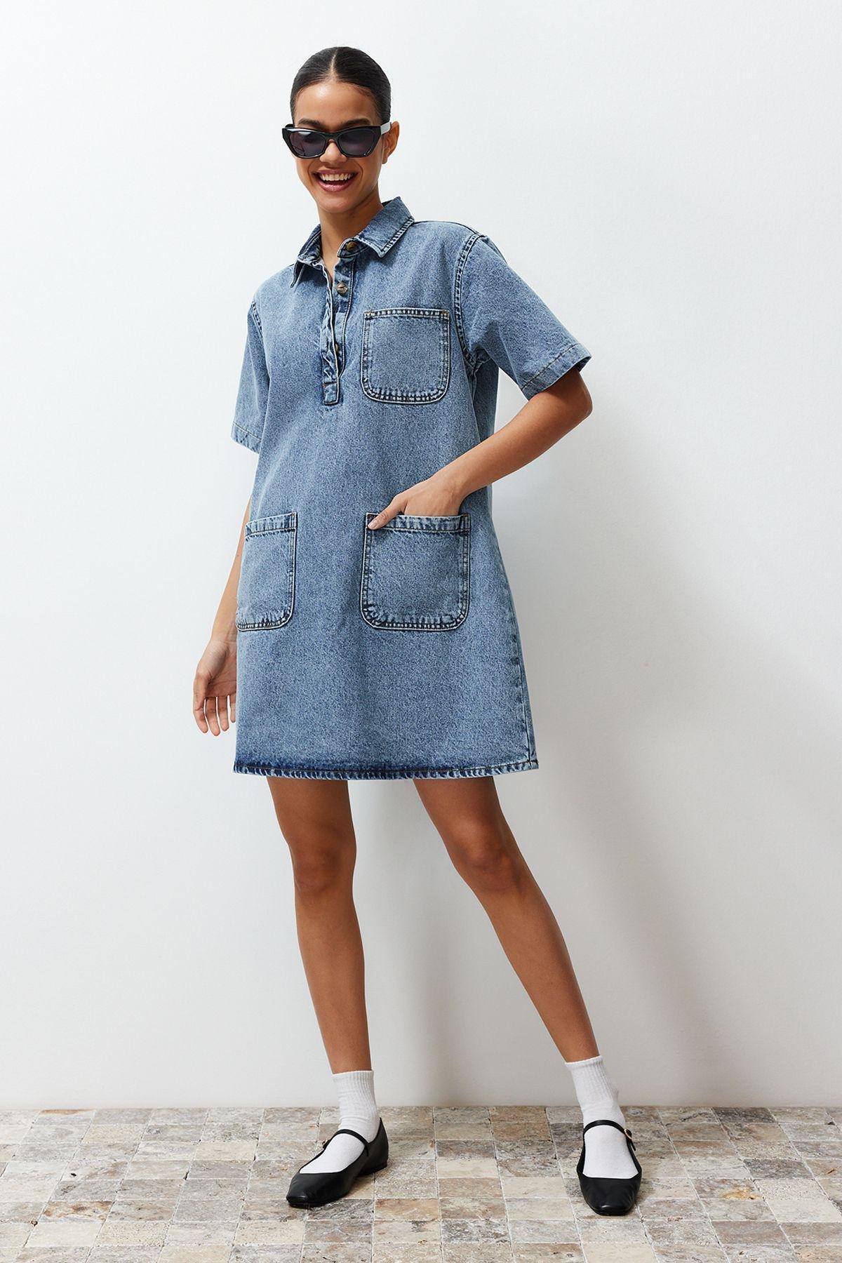 Blue Oversize Mini Denim Dress, , large image number 1