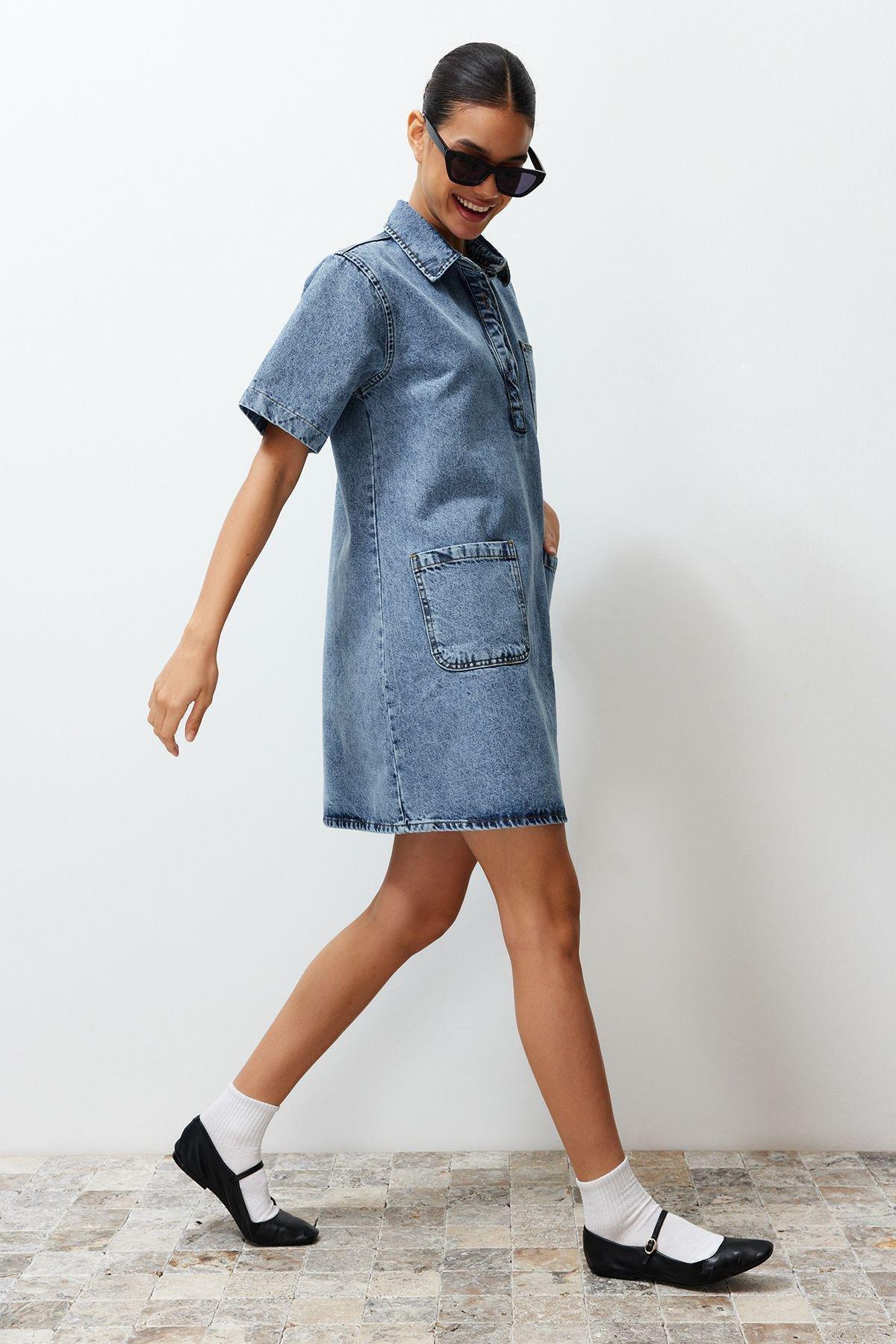 Blue Oversize Mini Denim Dress, , large image number 2