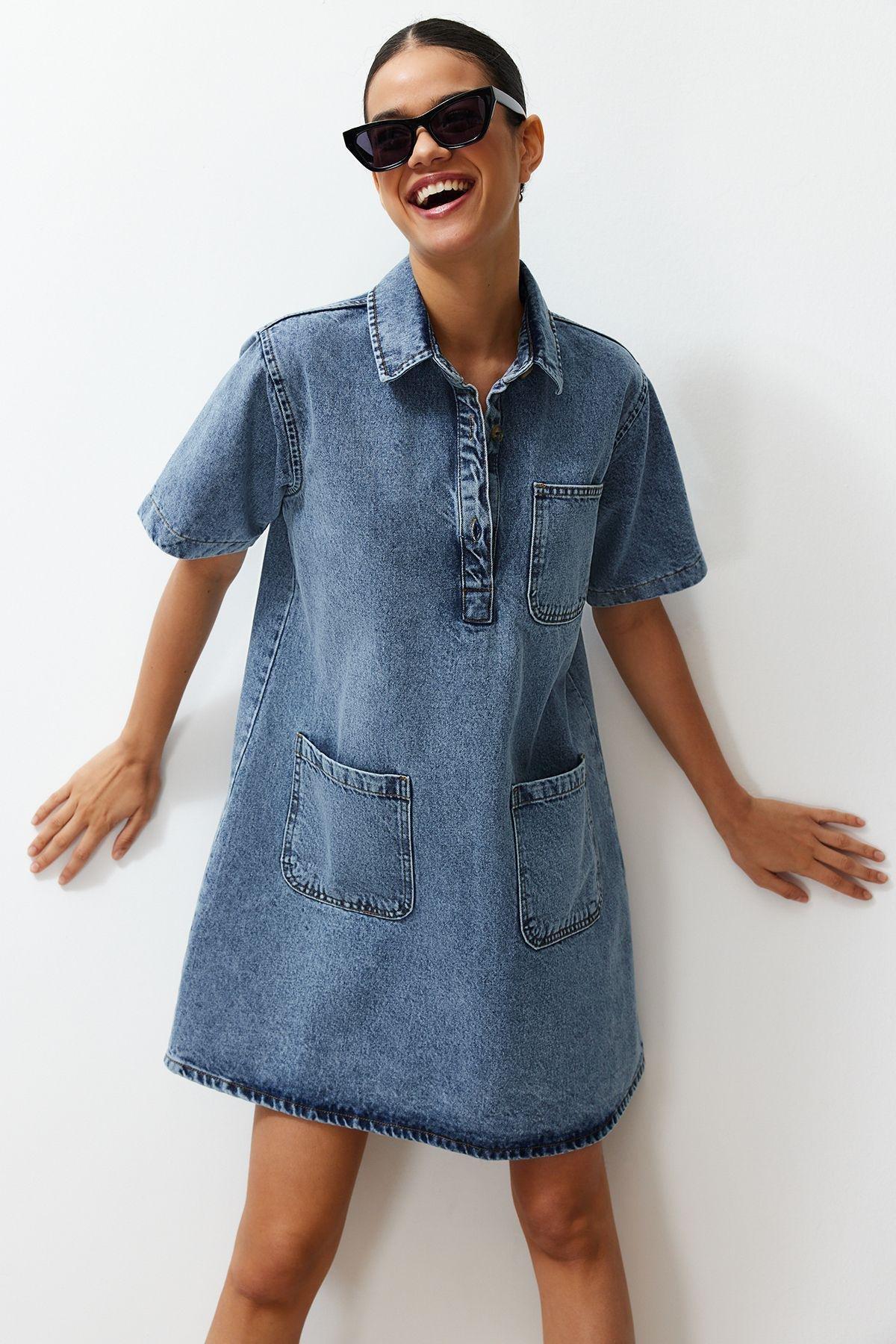 Blue Oversize Mini Denim Dress, , large image number 3