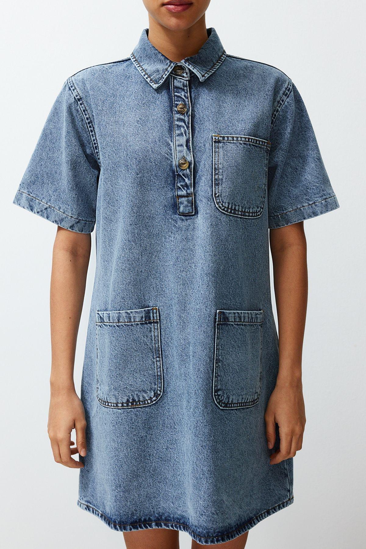 Blue Oversize Mini Denim Dress, , large image number 4