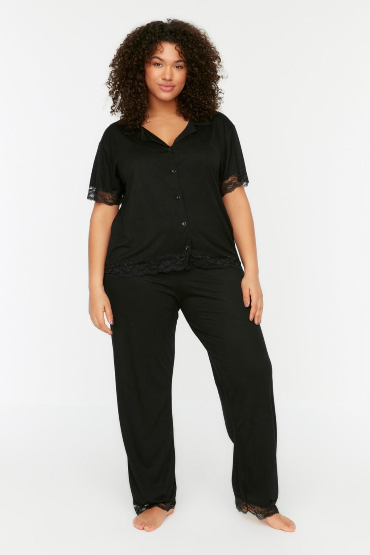 Trendyol - Black Polka Dot Plus Size Pajama Set