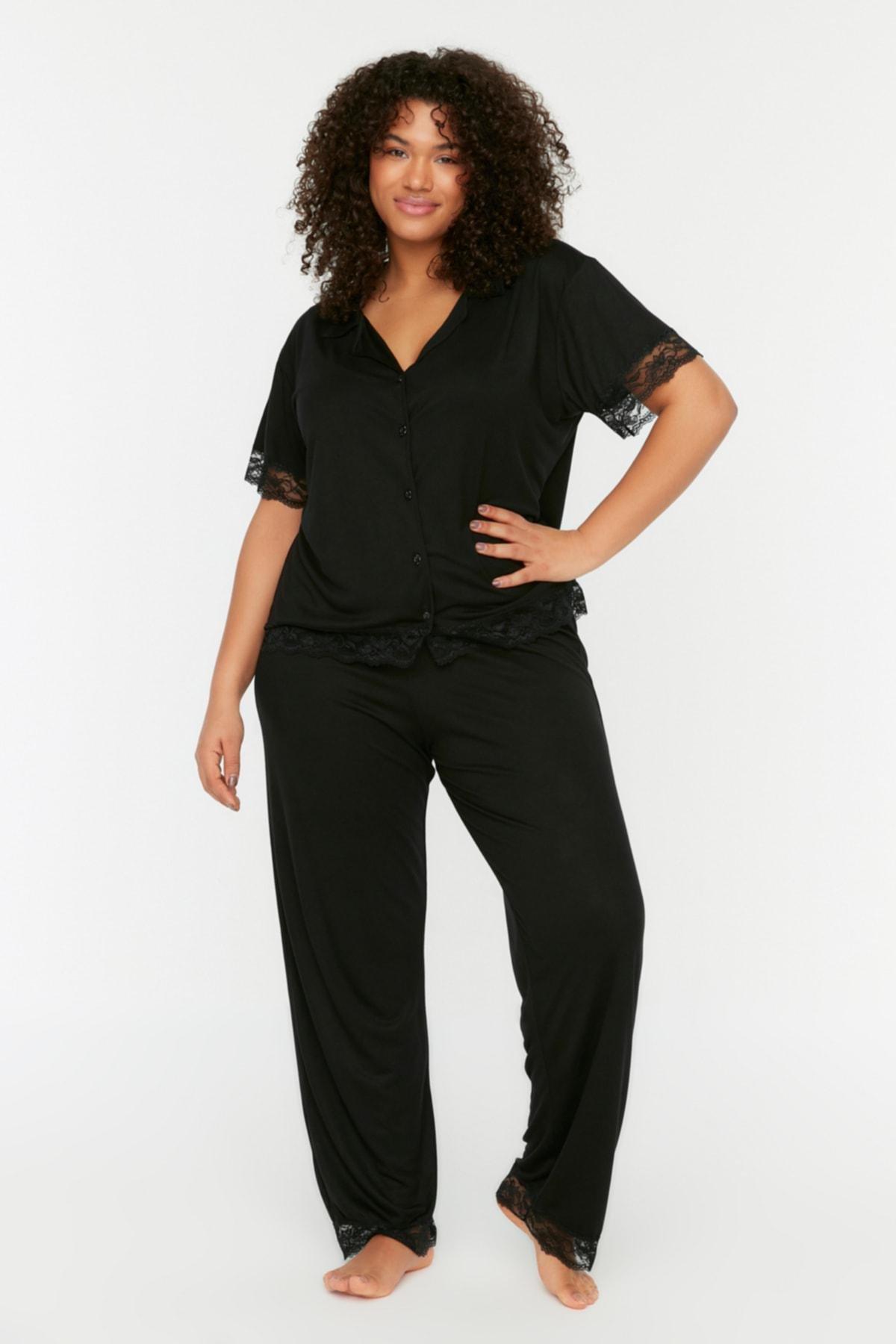 Trendyol - Black Polka Dot Plus Size Pajama Set