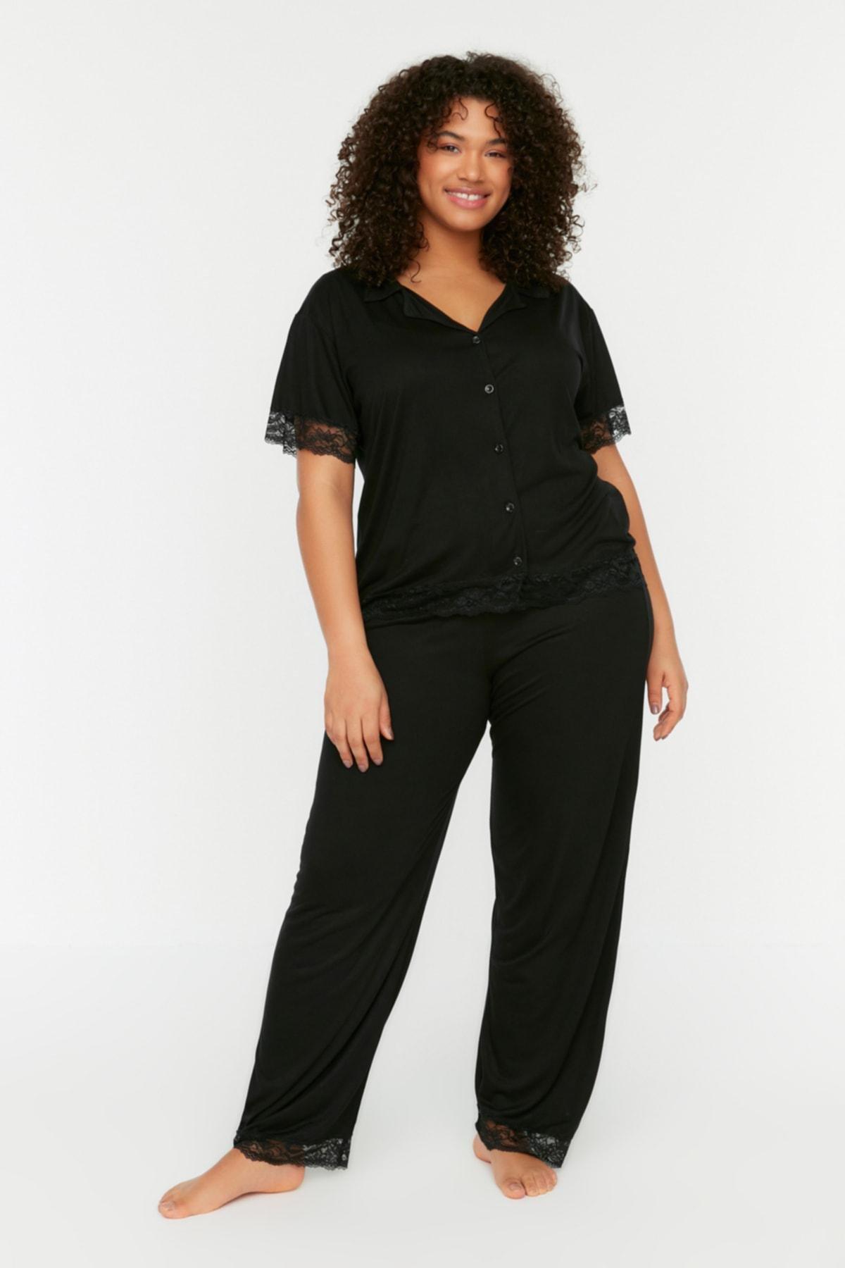 Trendyol - Black Polka Dot Plus Size Pajama Set