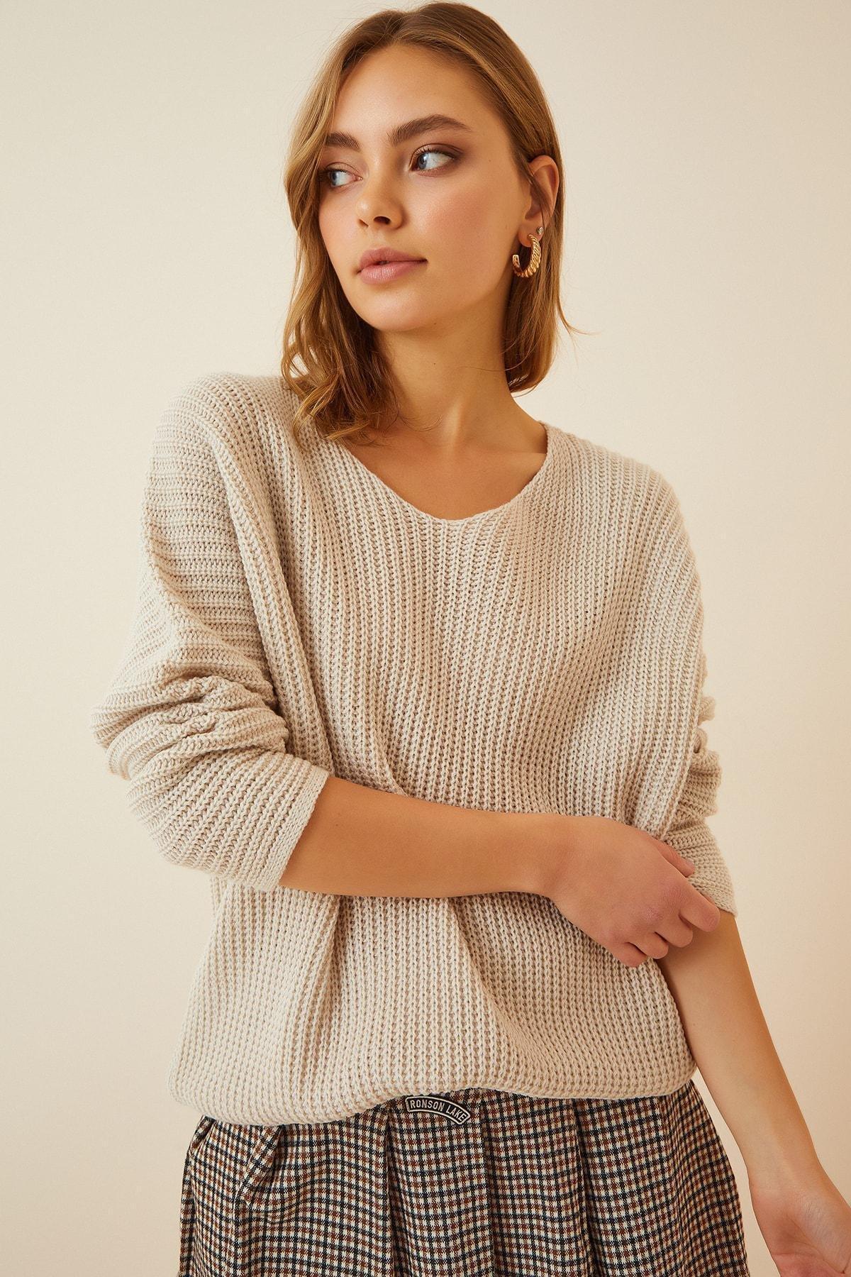 Beige V-Neck Oversize Sweater, , large image number 1