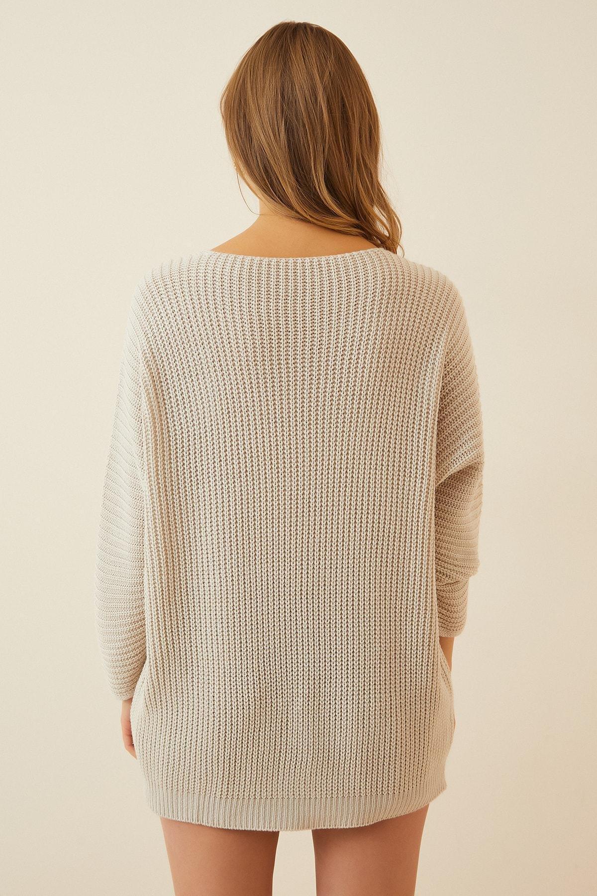 Beige V-Neck Oversize Sweater, , large image number 2