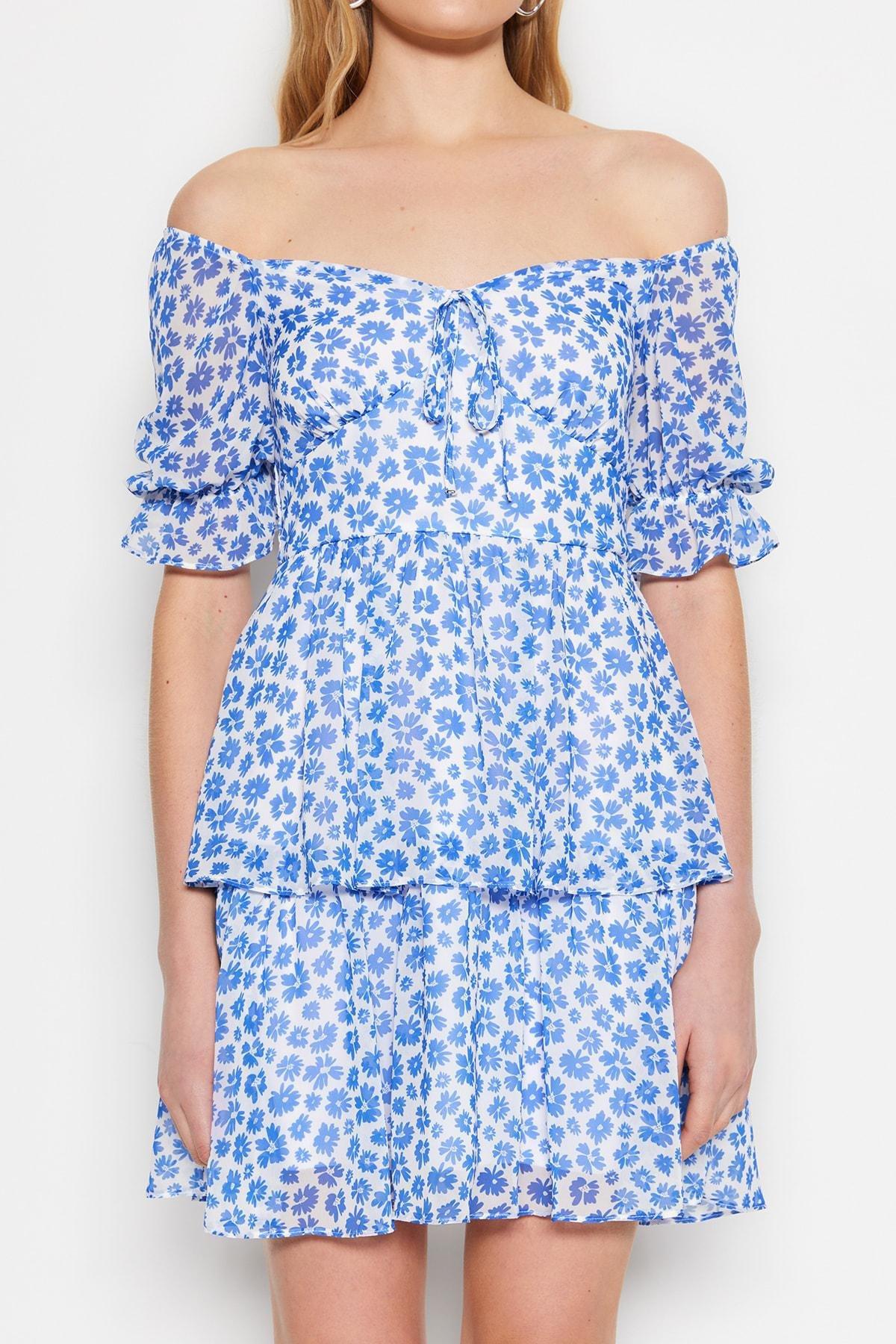 Blue Ruffle Floral Mini Dress, , large image number 7