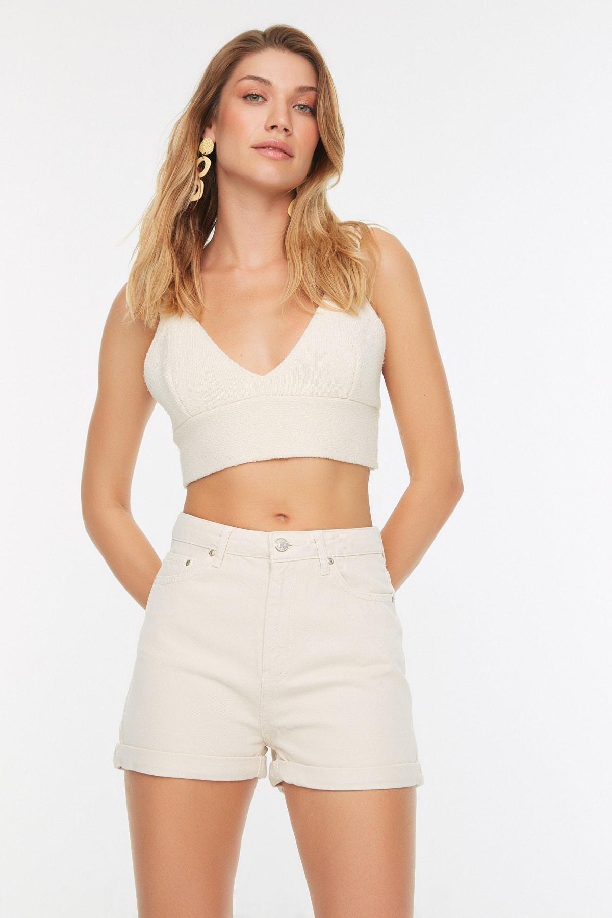 Beige High Waist Shorts, , large image number 1