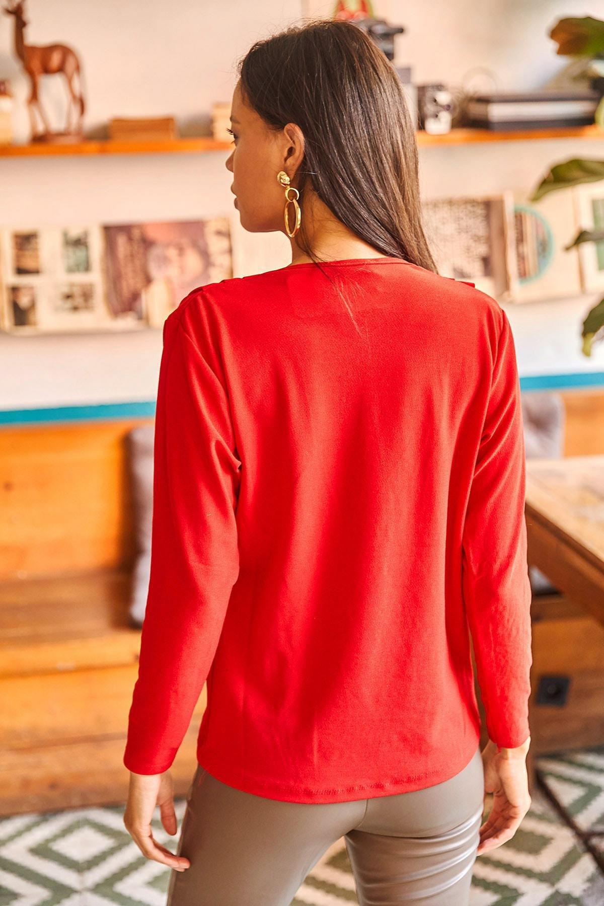 Red Off-Shoulder Pleated Knitted Blouse, , large image number 1