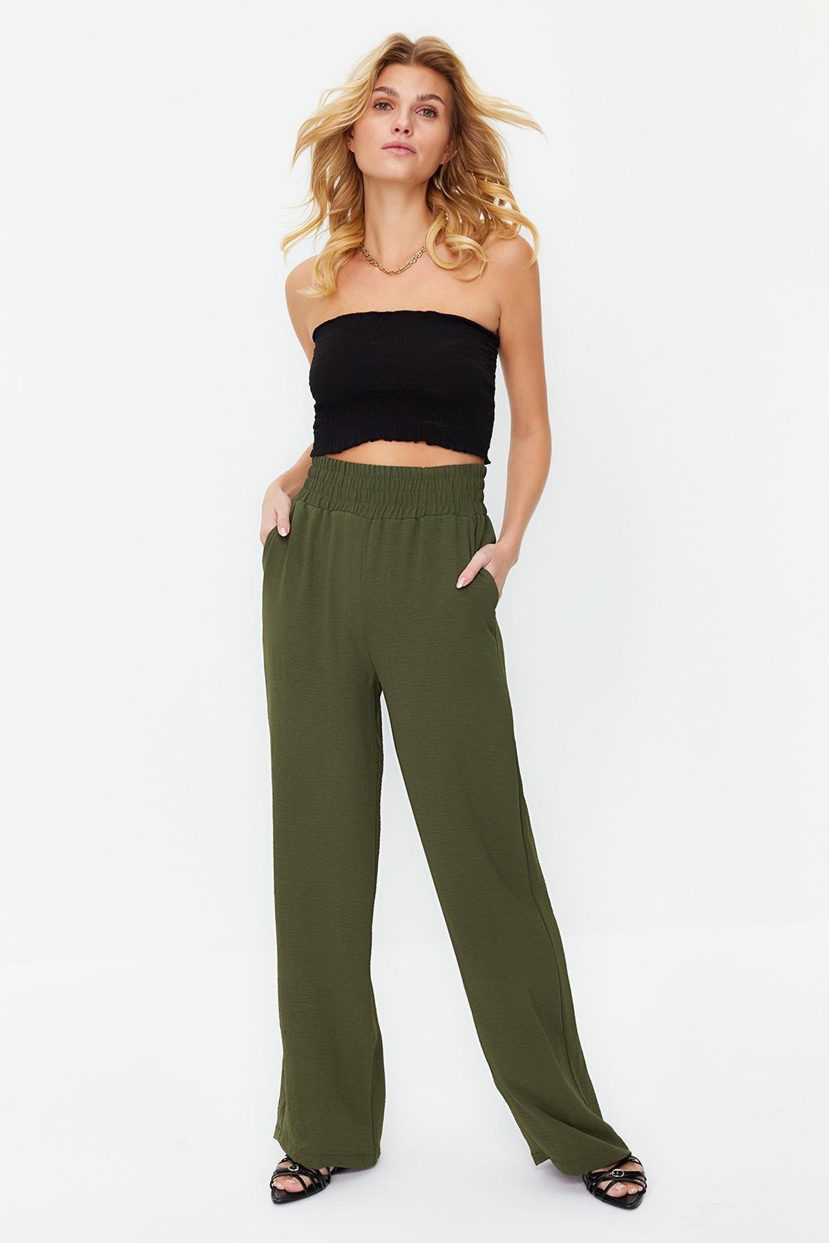 Khaki Wide Leg Elastic Waist Woven Trousers, , large image number 0