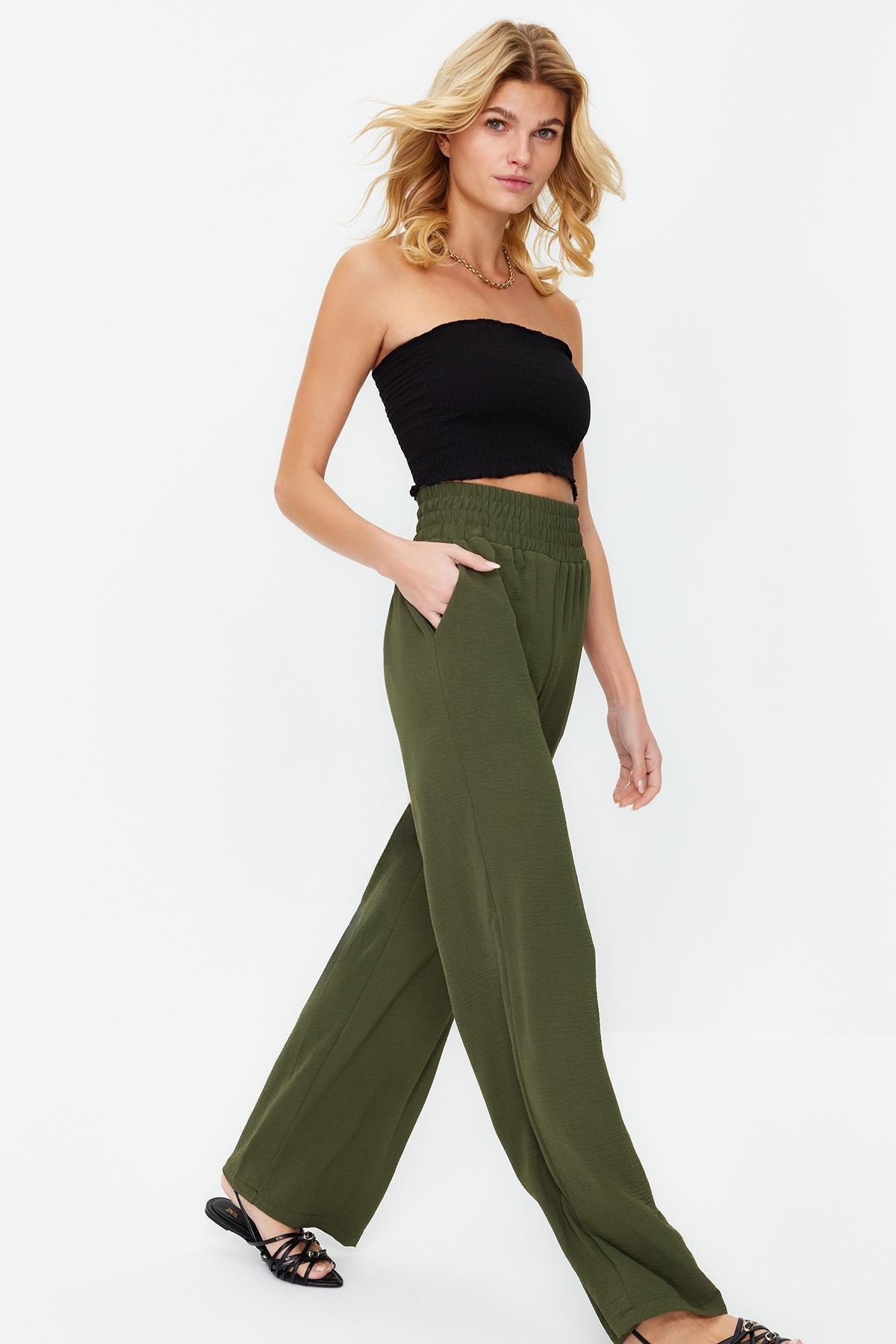 Khaki Wide Leg Elastic Waist Woven Trousers, , large image number 1