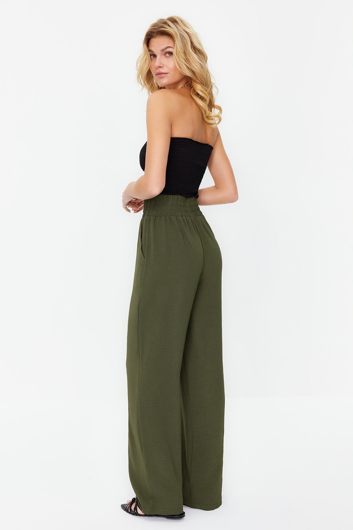 Khaki Wide Leg Elastic Waist Woven Trousers, , large image number 2