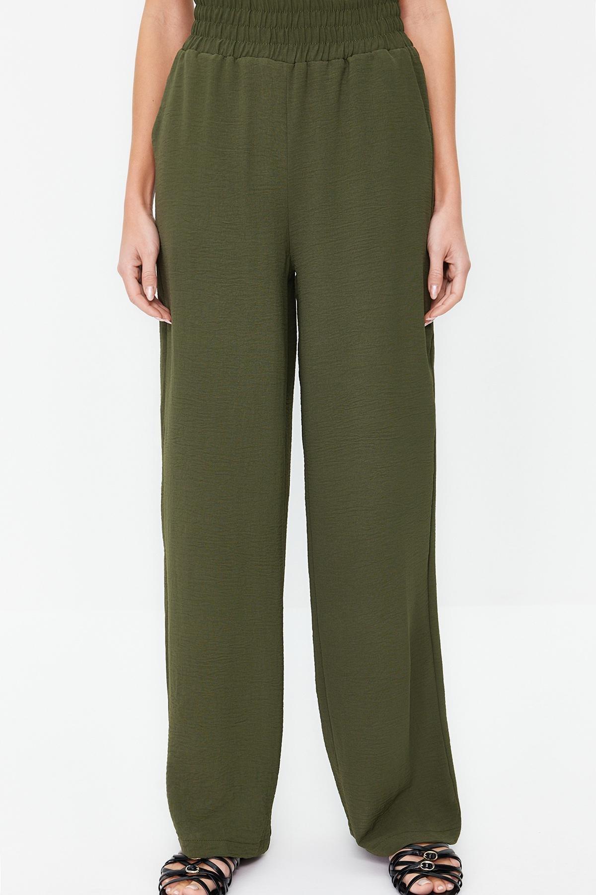 Khaki Wide Leg Elastic Waist Woven Trousers, , large image number 3
