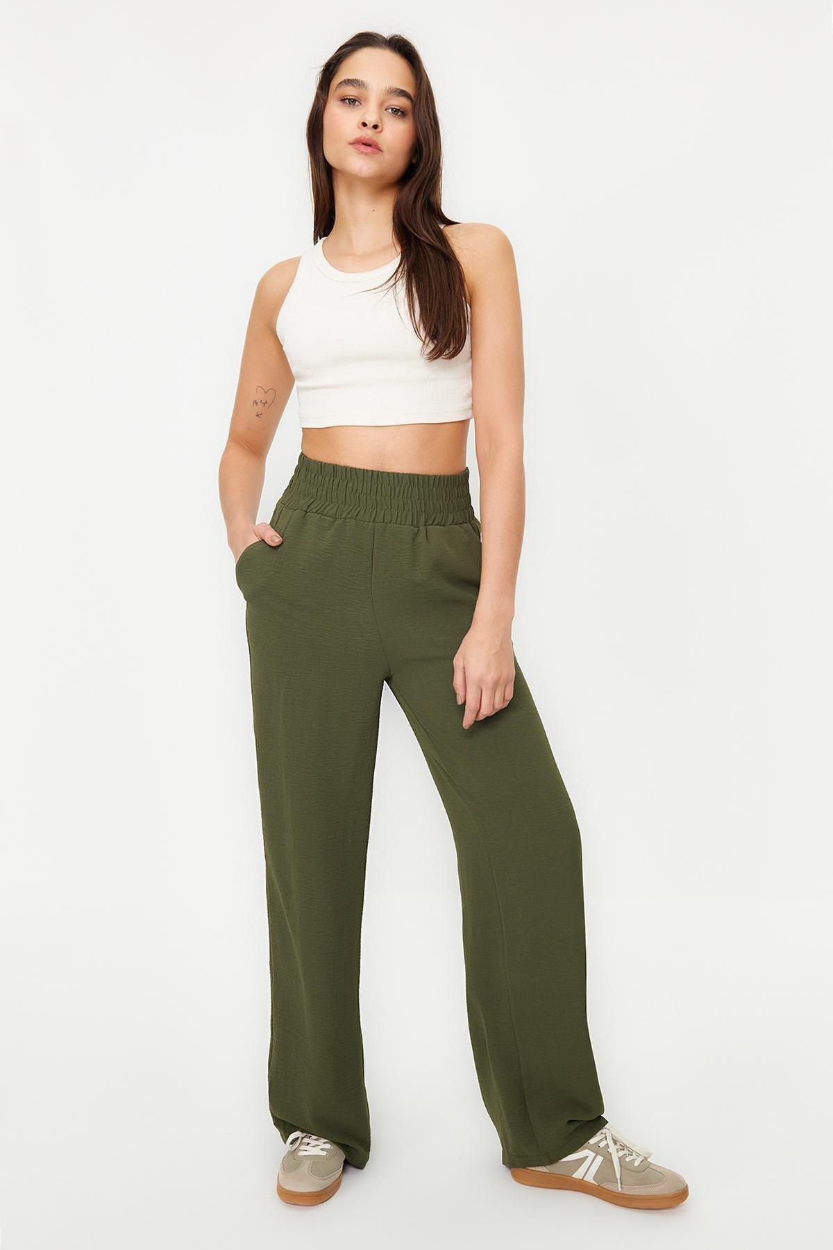 Khaki Wide Leg Elastic Waist Woven Trousers, , large image number 5