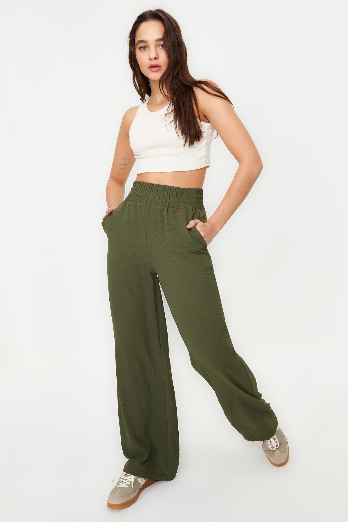 Khaki Wide Leg Elastic Waist Woven Trousers, , large image number 6