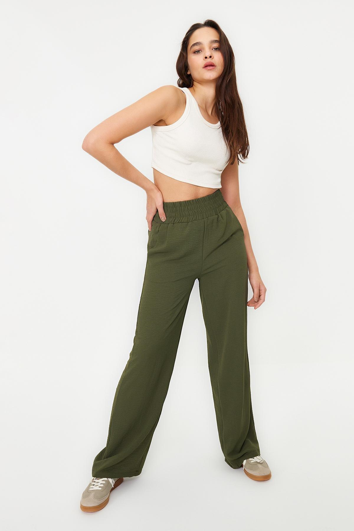 Khaki Wide Leg Elastic Waist Woven Trousers, , large image number 7