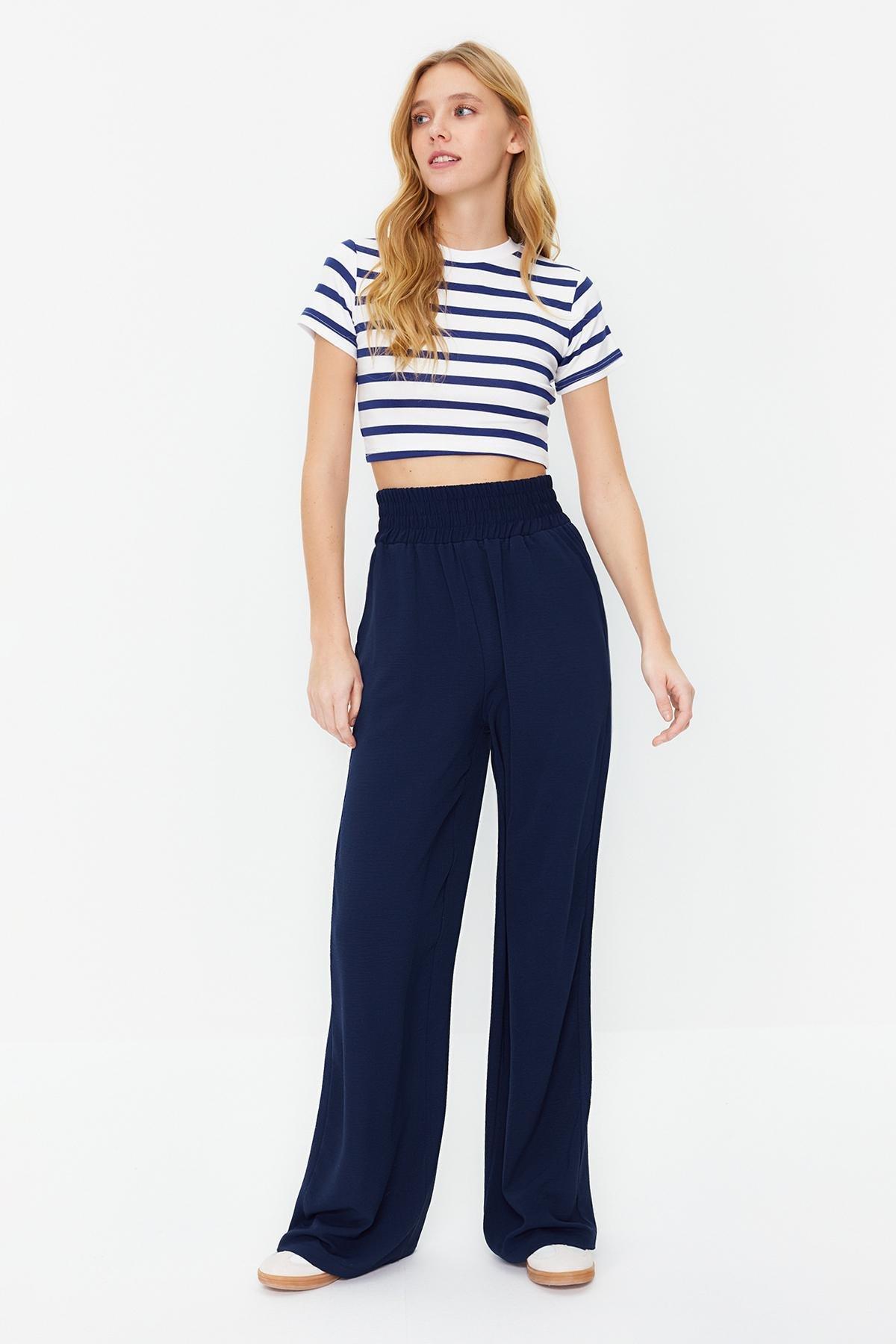 Navy Wide Leg Woven Trousers, , large image number 0