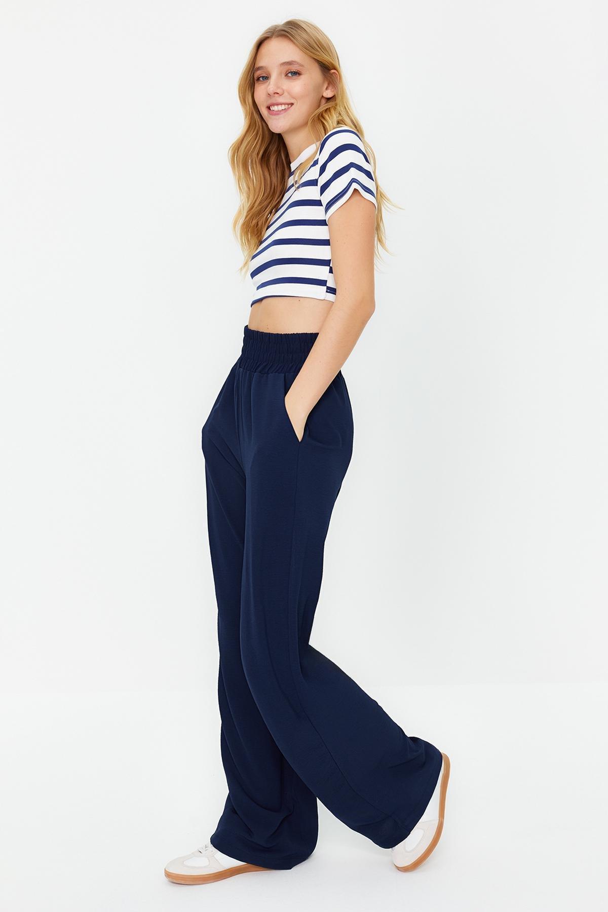 Navy Wide Leg Woven Trousers, , large image number 1