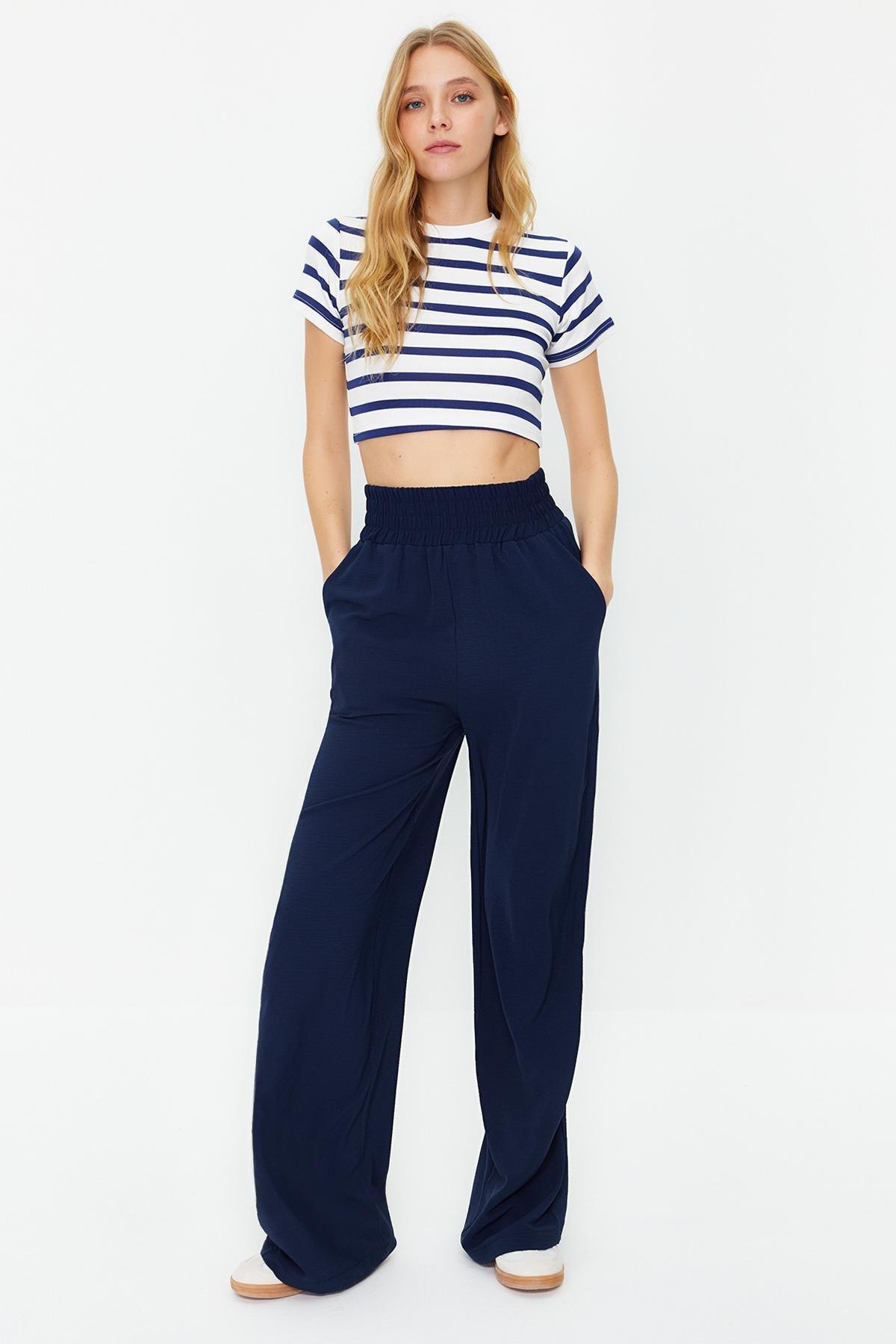 Navy Wide Leg Woven Trousers, , large image number 2