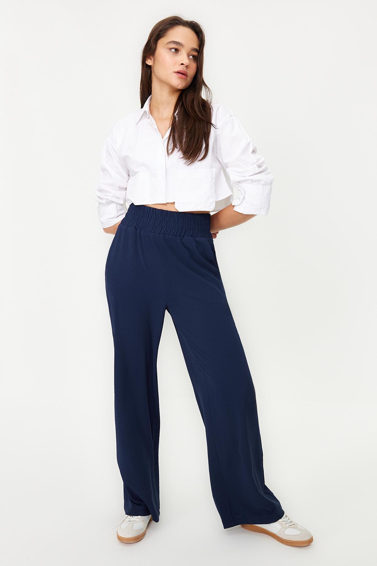 Navy Wide Leg Woven Trousers, , large image number 5