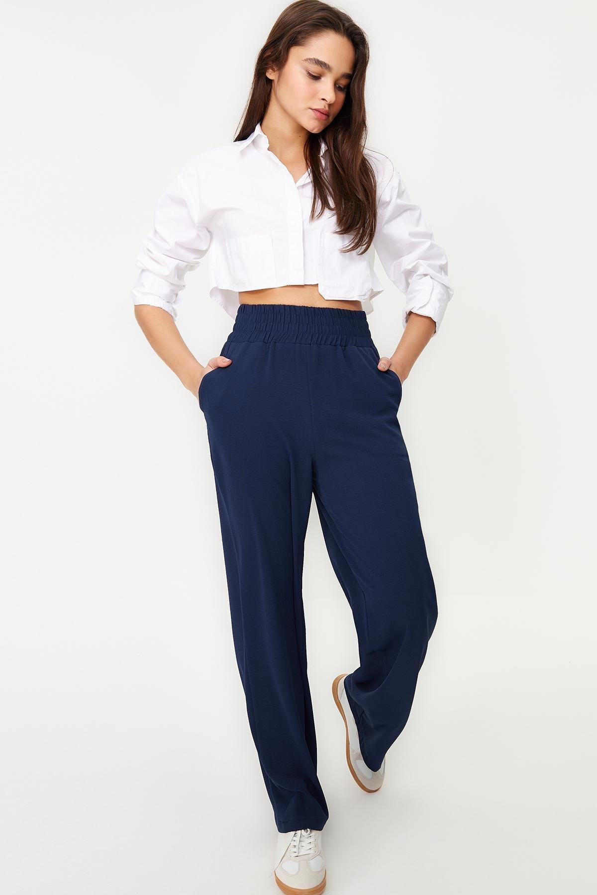Navy Wide Leg Woven Trousers, , large image number 6