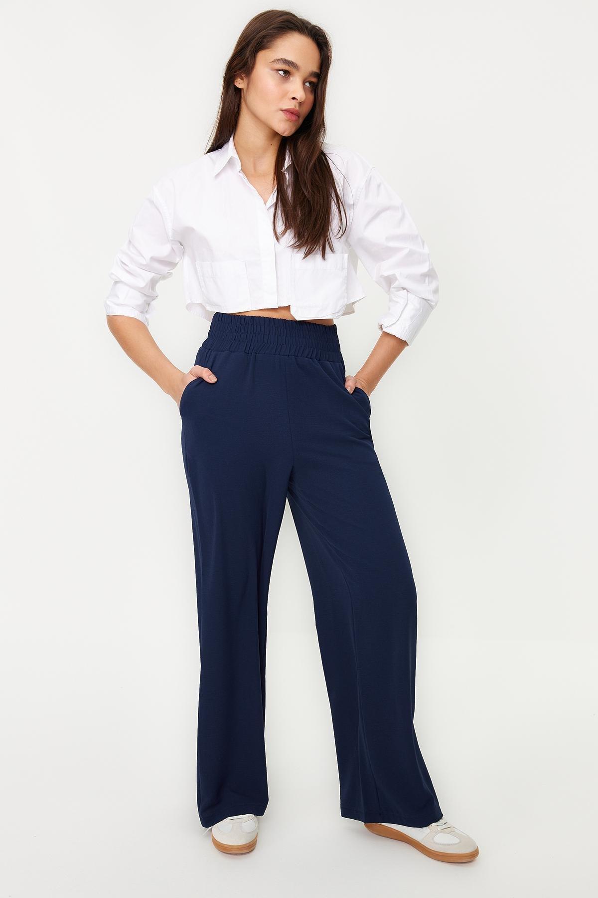 Navy Wide Leg Woven Trousers, , large image number 7