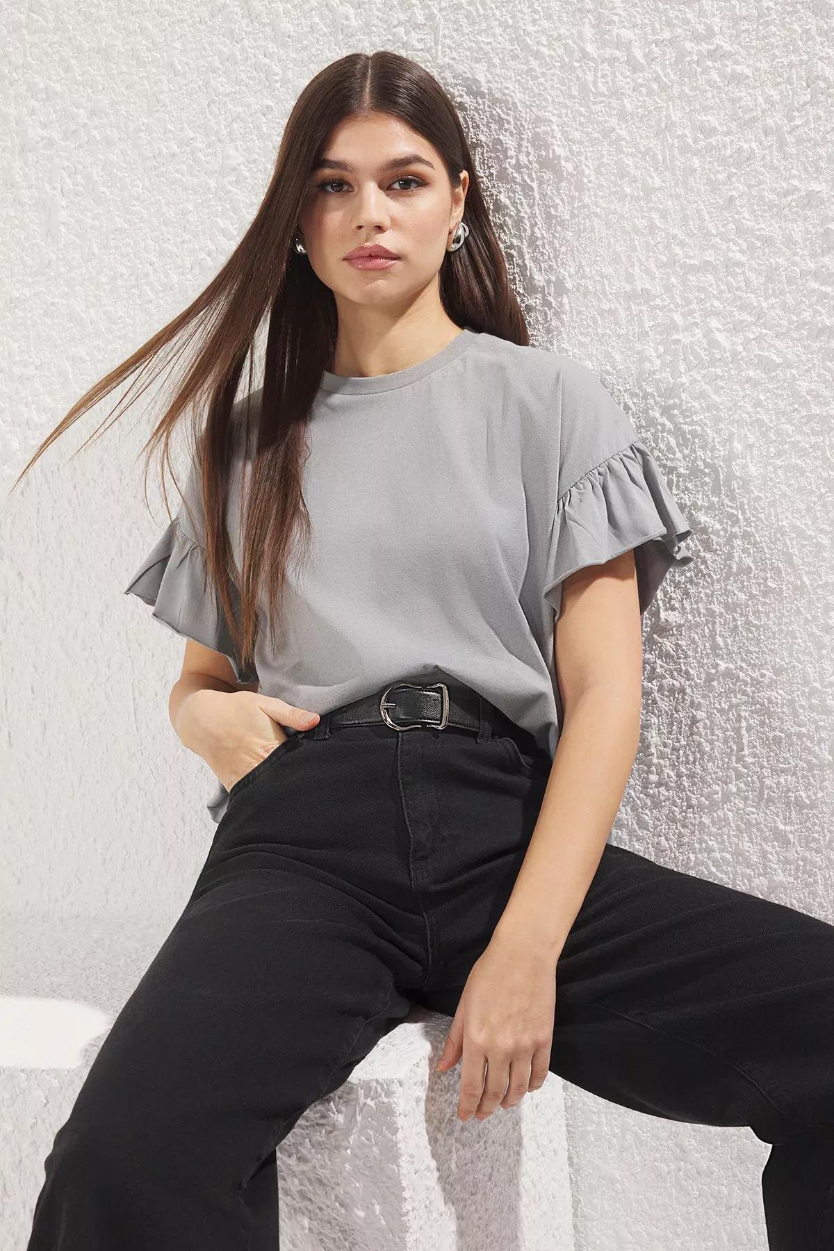 Grey Ruffle Detail Crew-Neck T-Shirt, , large image number 0