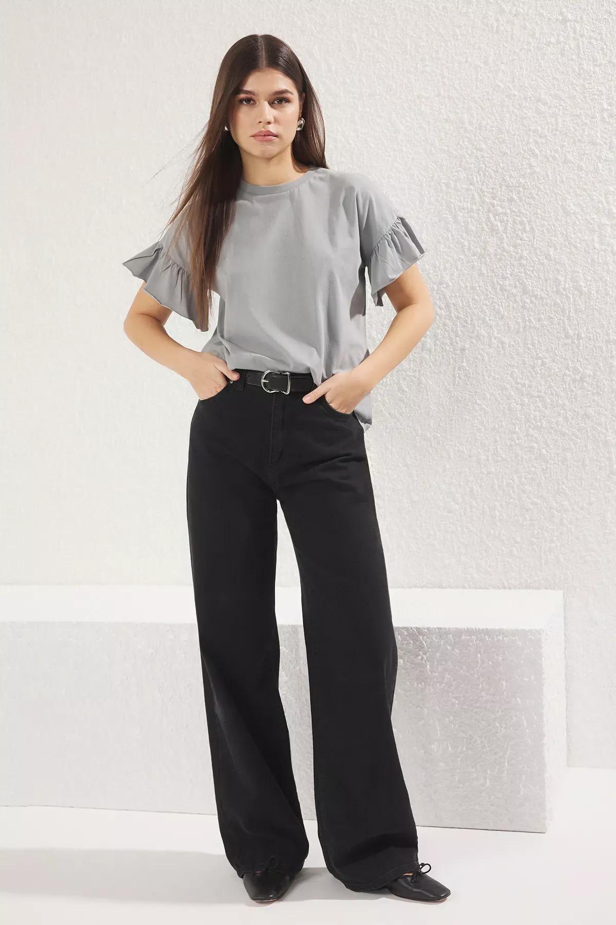 Grey Ruffle Detail Crew-Neck T-Shirt, , large image number 1