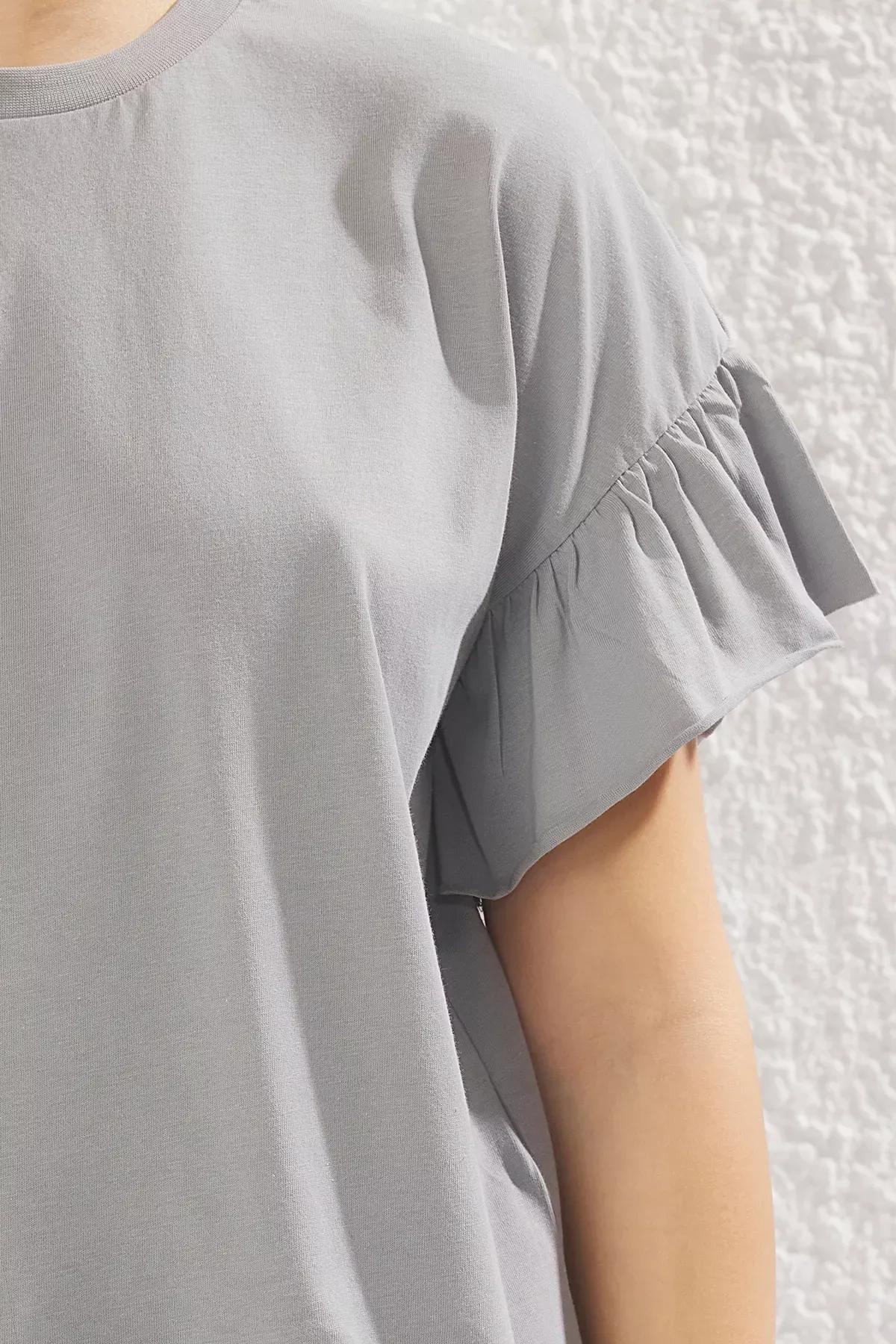 Grey Ruffle Detail Crew-Neck T-Shirt, , large image number 2