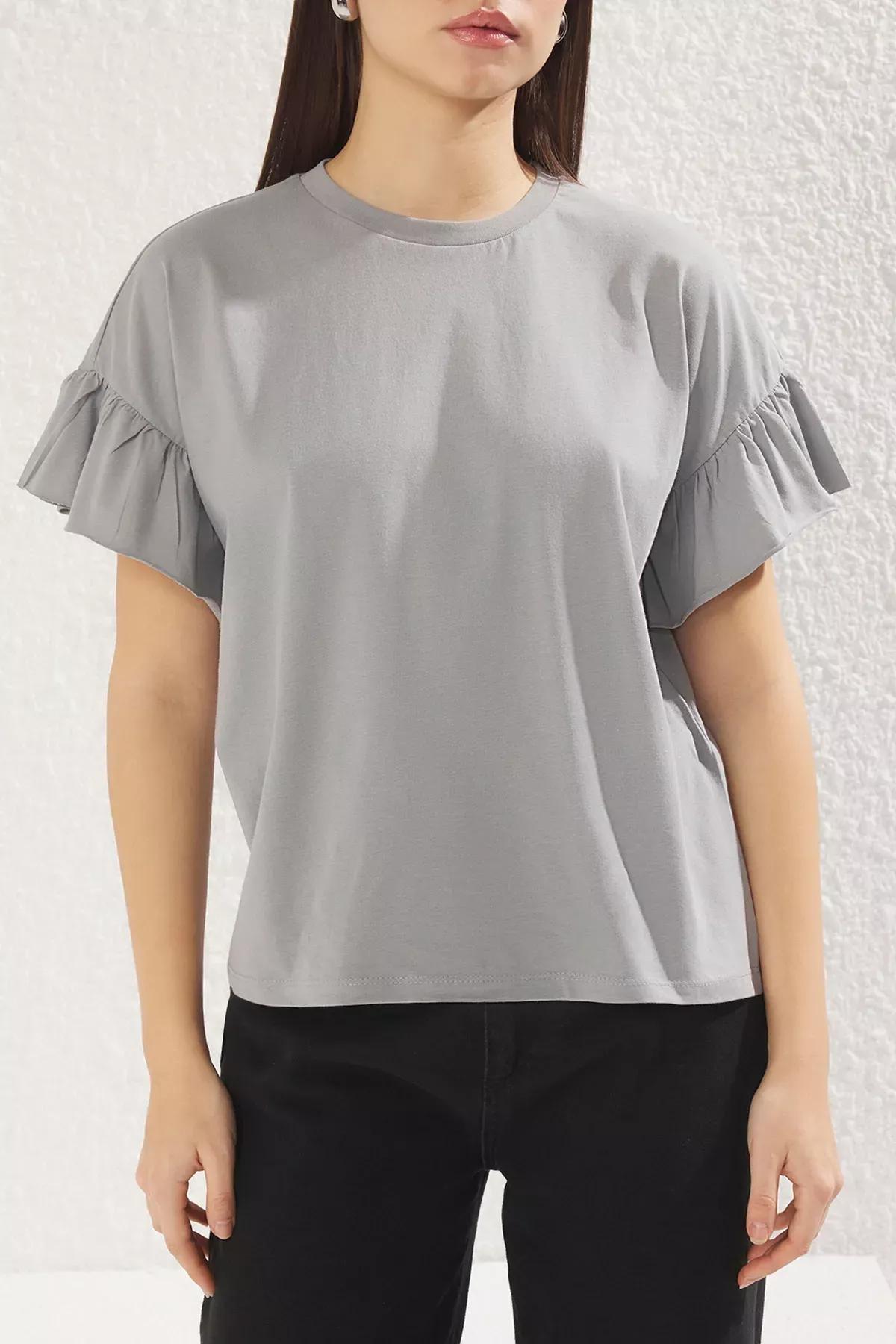 Grey Ruffle Detail Crew-Neck T-Shirt, , large image number 3