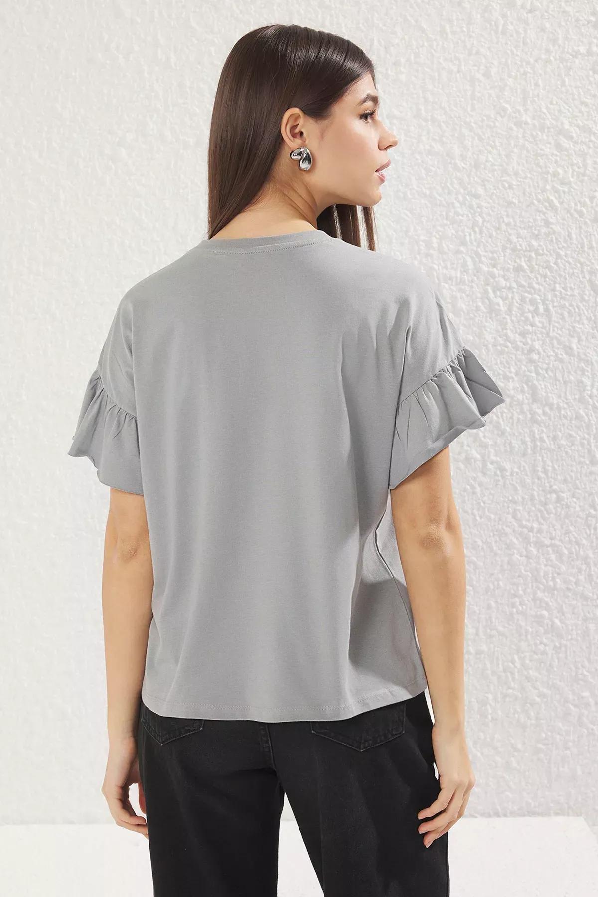 Grey Ruffle Detail Crew-Neck T-Shirt, , large image number 4