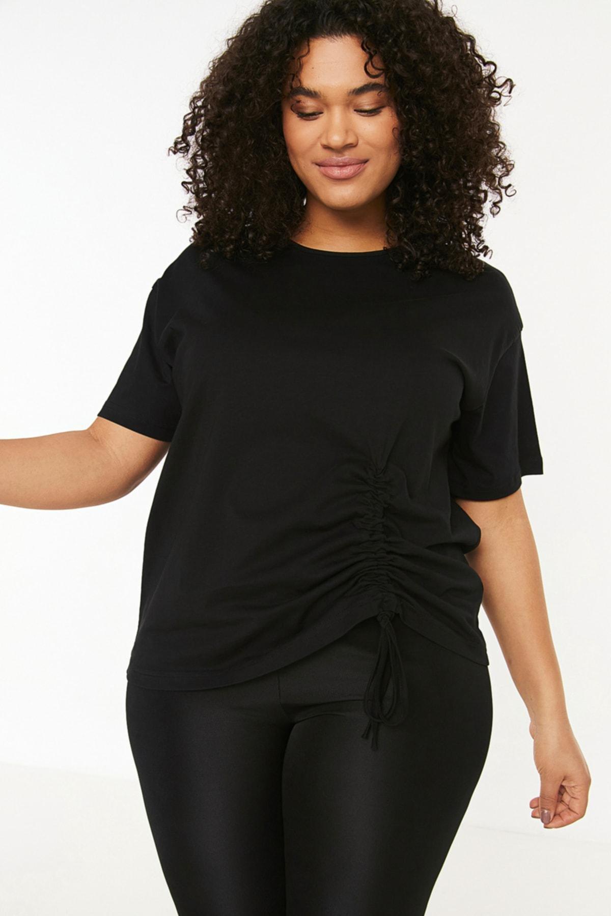 Black Crew Neck Plus Size T-Shirt, Black, large image number 1