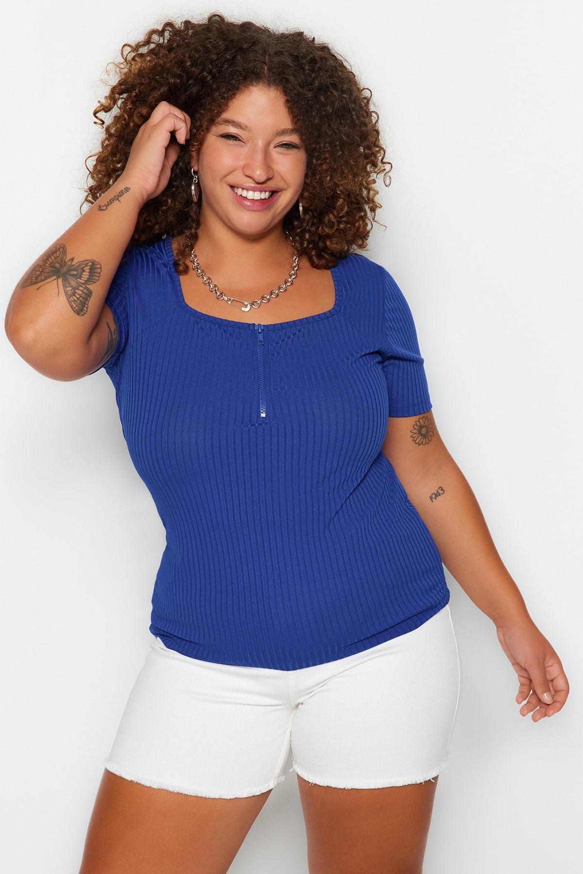 Blue Square Collar Plus Size Blouse, , medium