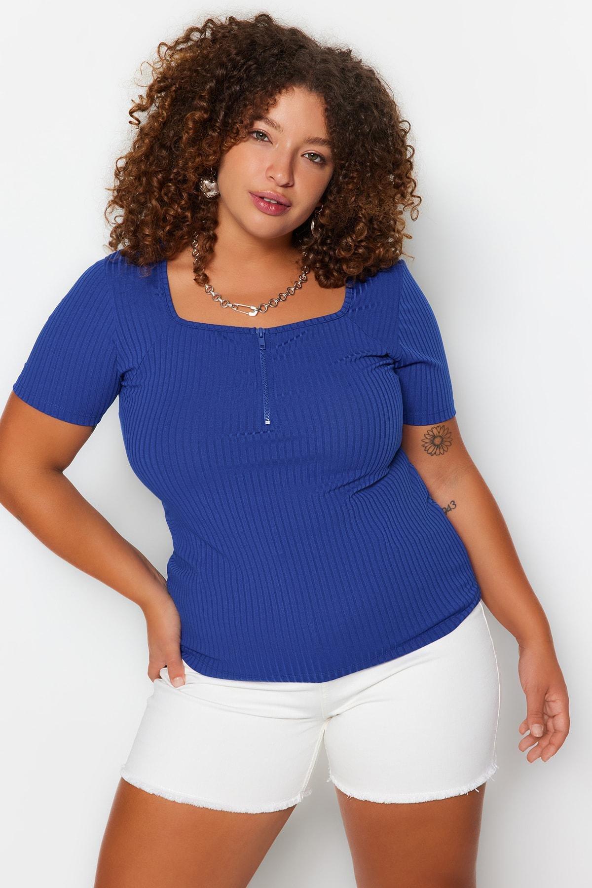 Blue Square Collar Plus Size Blouse, , large image number 4