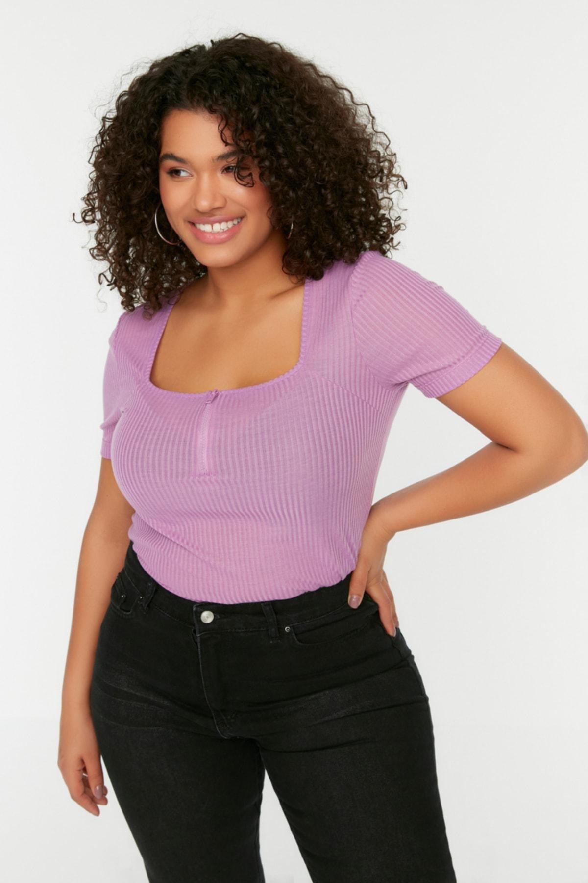 بلوزة بقصة ضيقة للمقاسات الكبيرة، بنفسجي, Purple, large image number 1