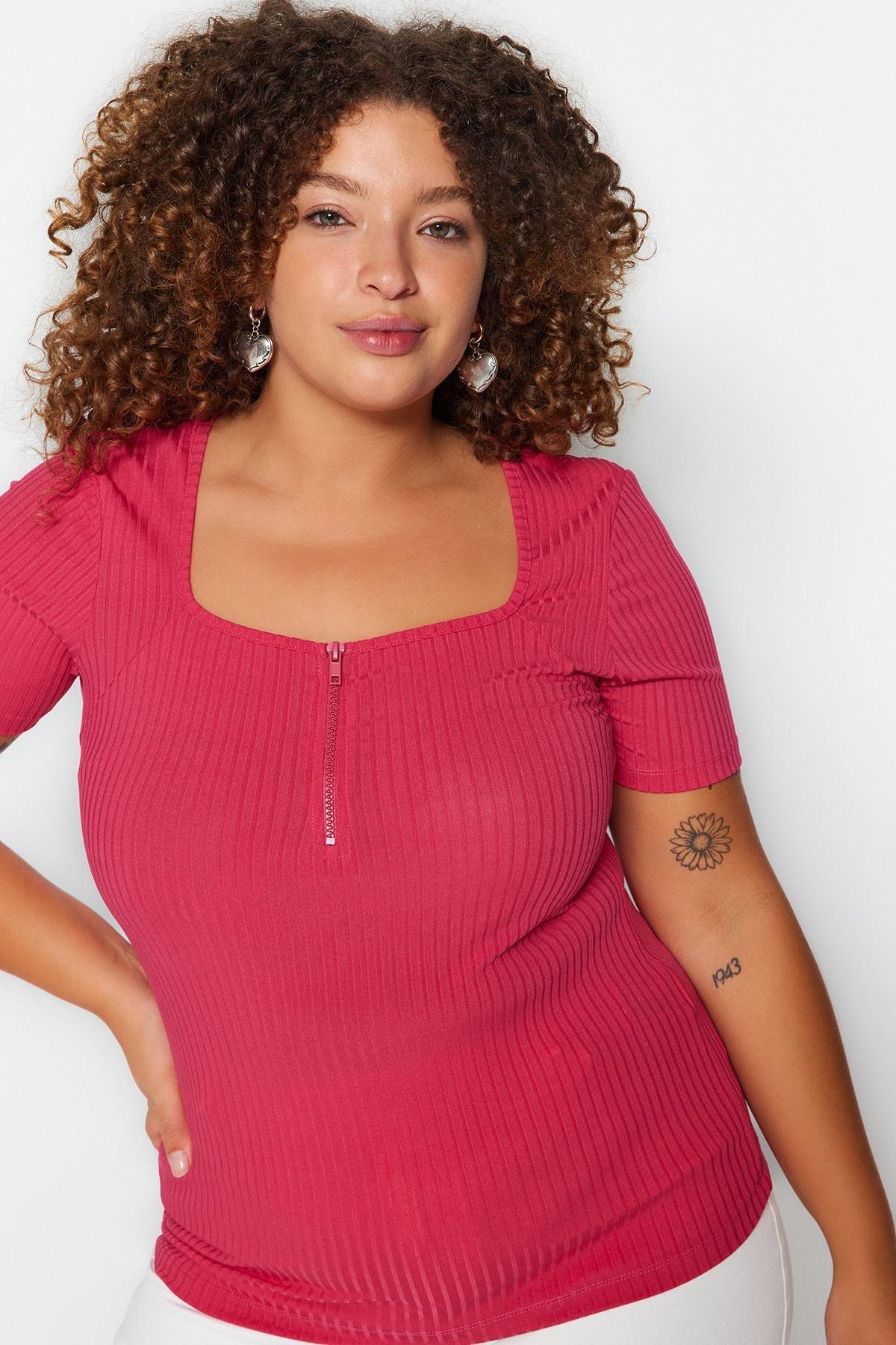 Pink Square Collar Plus Size Blouse, , medium